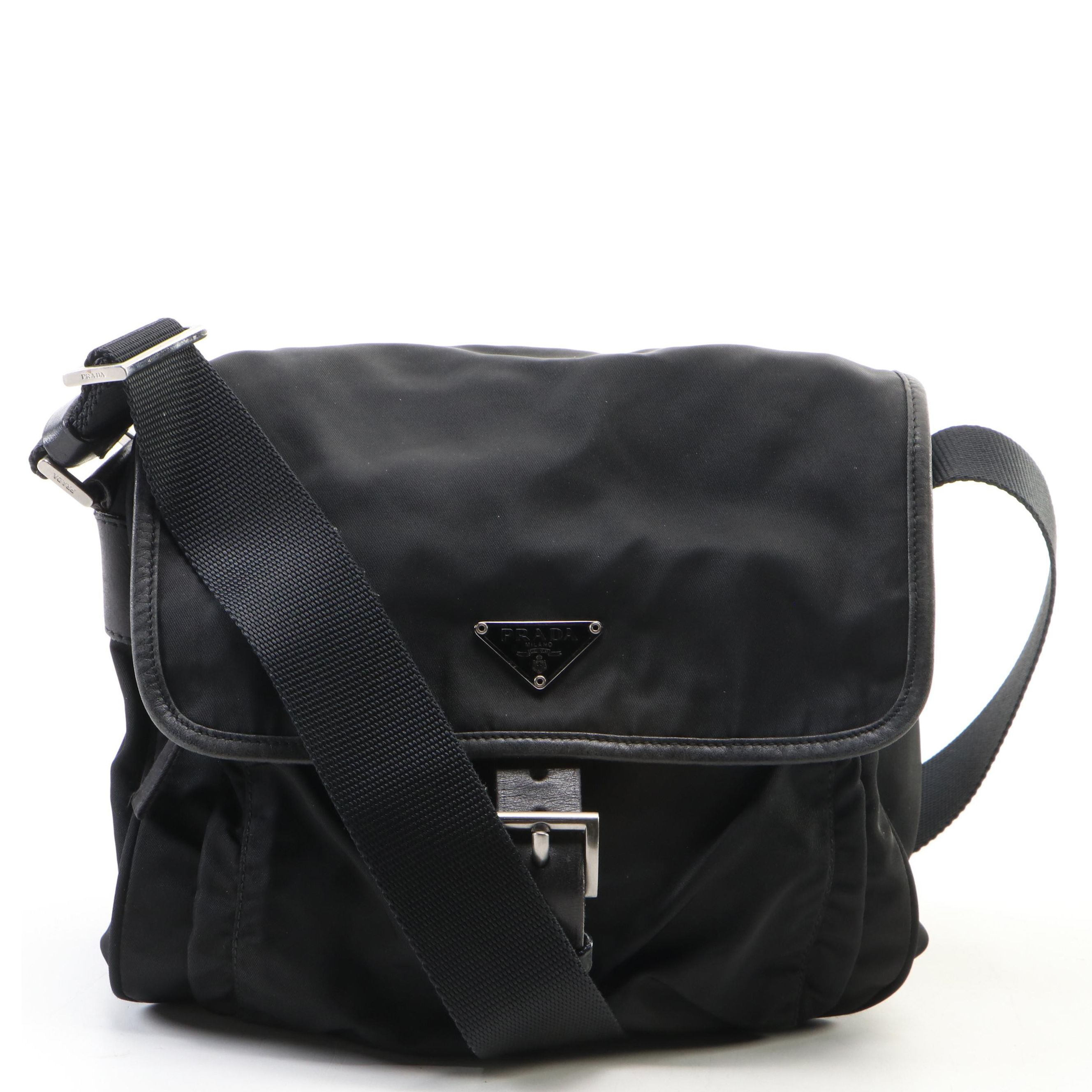 Prada Flap Front Crossbody Bag in Black Nylon and Leather