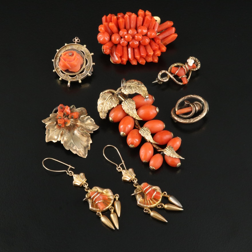 Victorian Coral Grouping Including Pendants, Brooches and Earrings