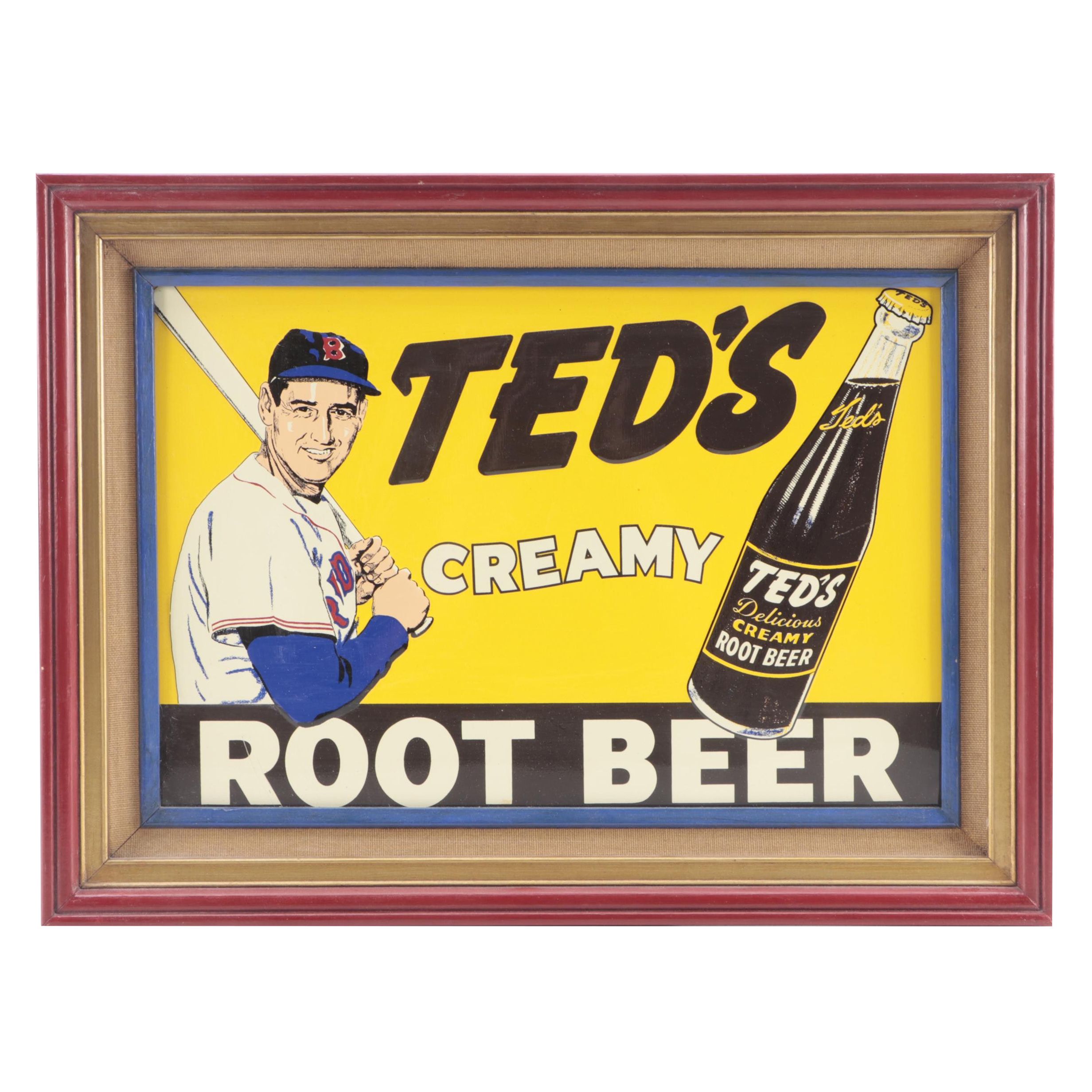 Ted Williams "Ted's Creamy Root Beer" Promotional Tin Sign in Wood Frame, 1990s