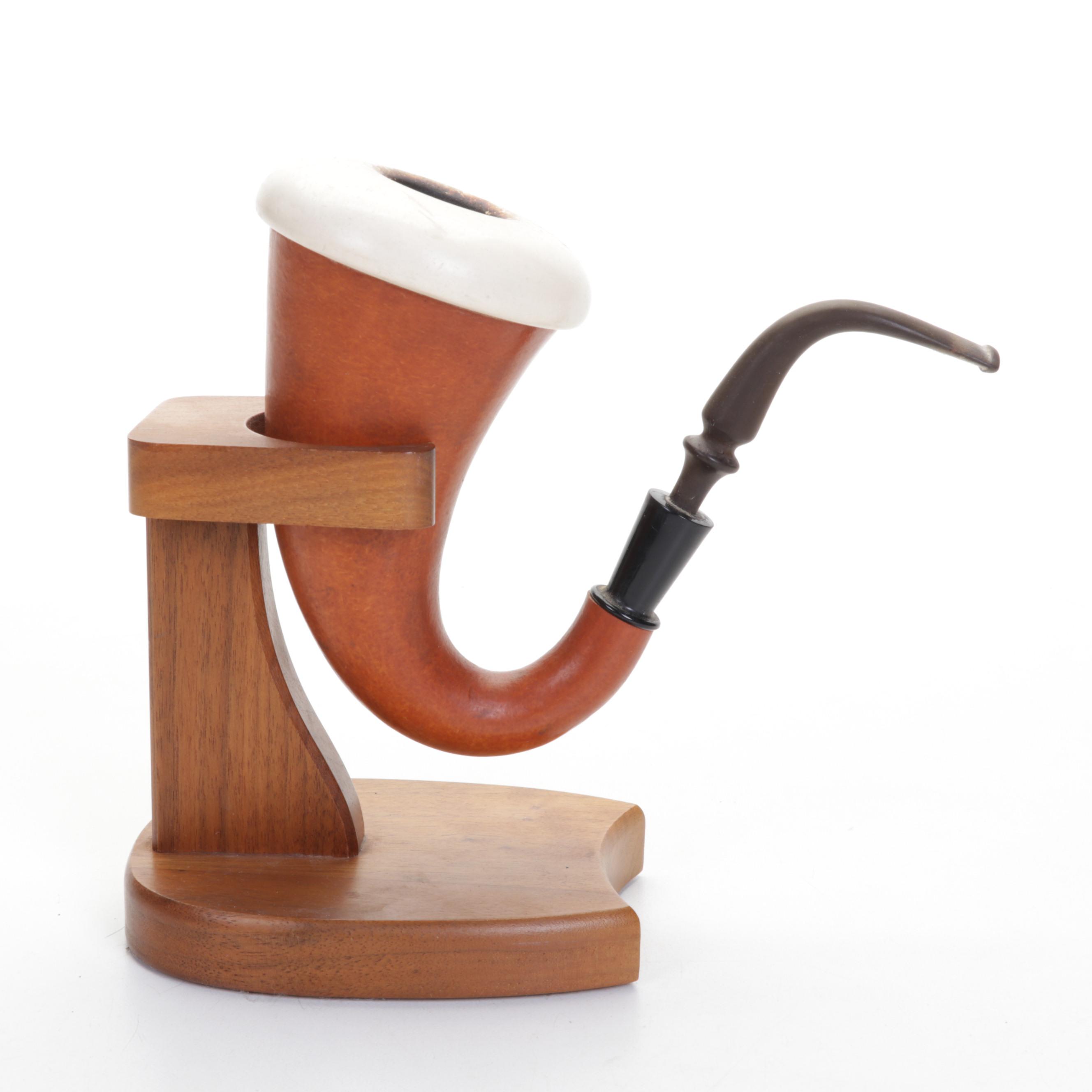 Carved German Tobacco Pipes With Calabash Pipe and Stand
