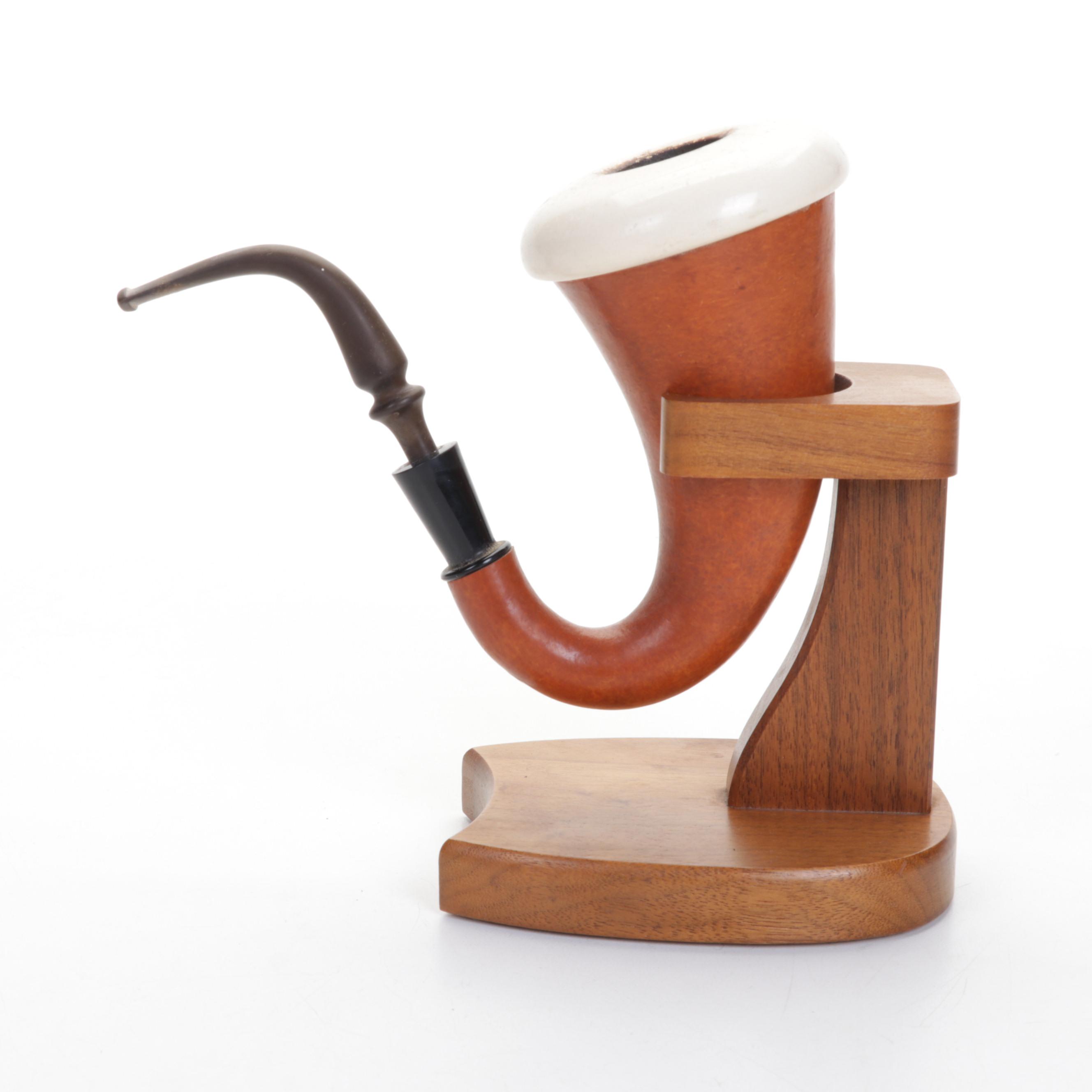 Carved German Tobacco Pipes With Calabash Pipe and Stand