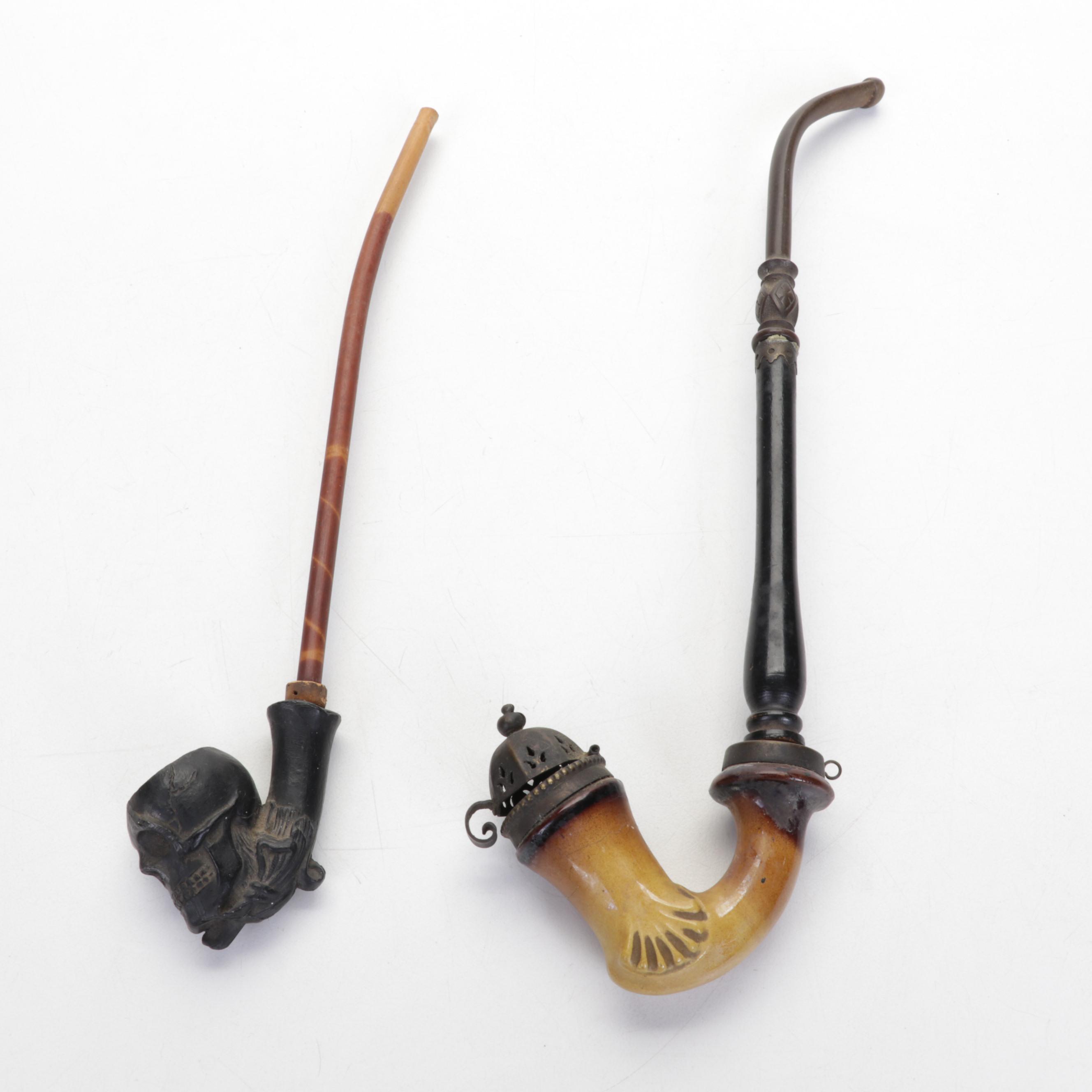 Carved German Tobacco Pipes With Calabash Pipe and Stand