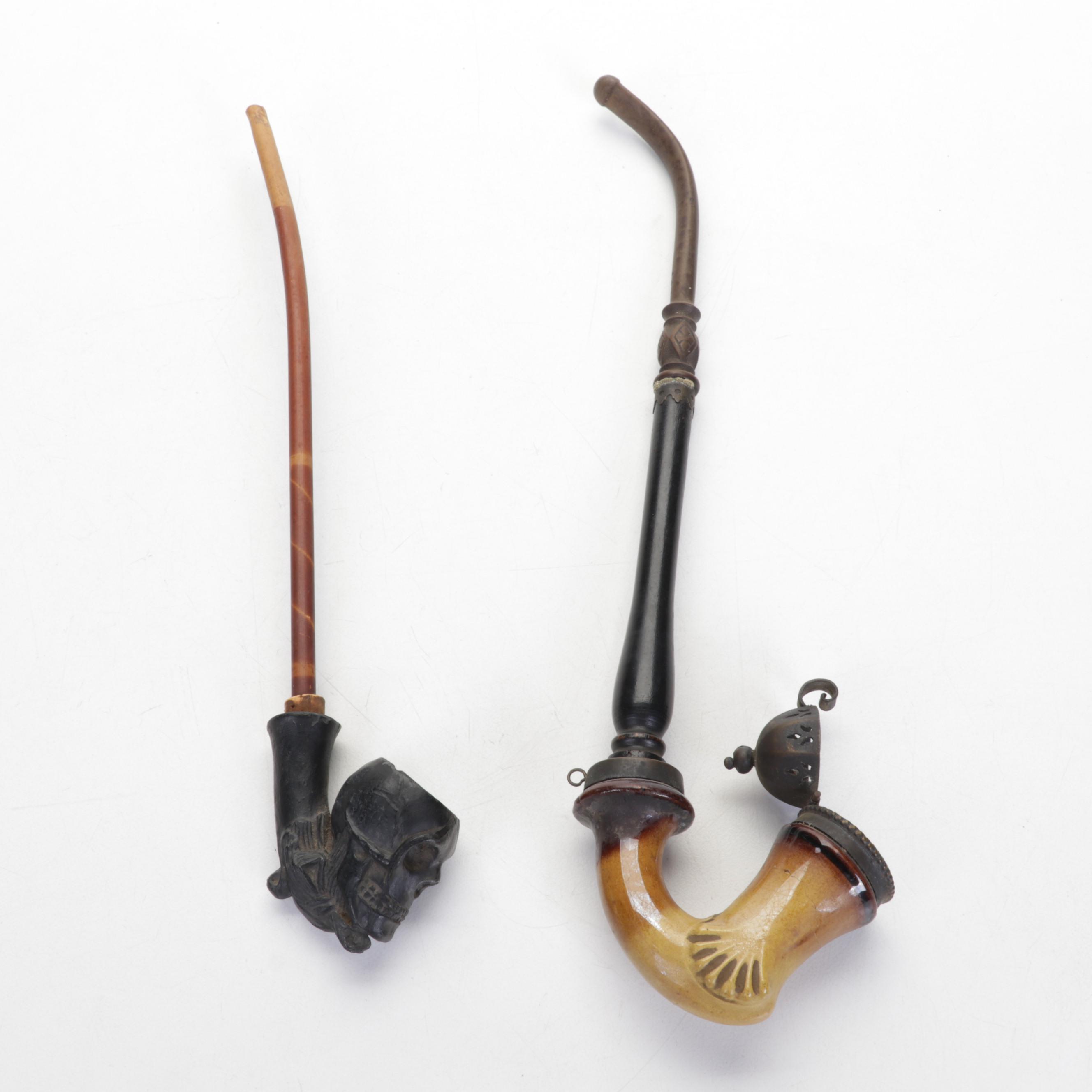 Carved German Tobacco Pipes With Calabash Pipe and Stand