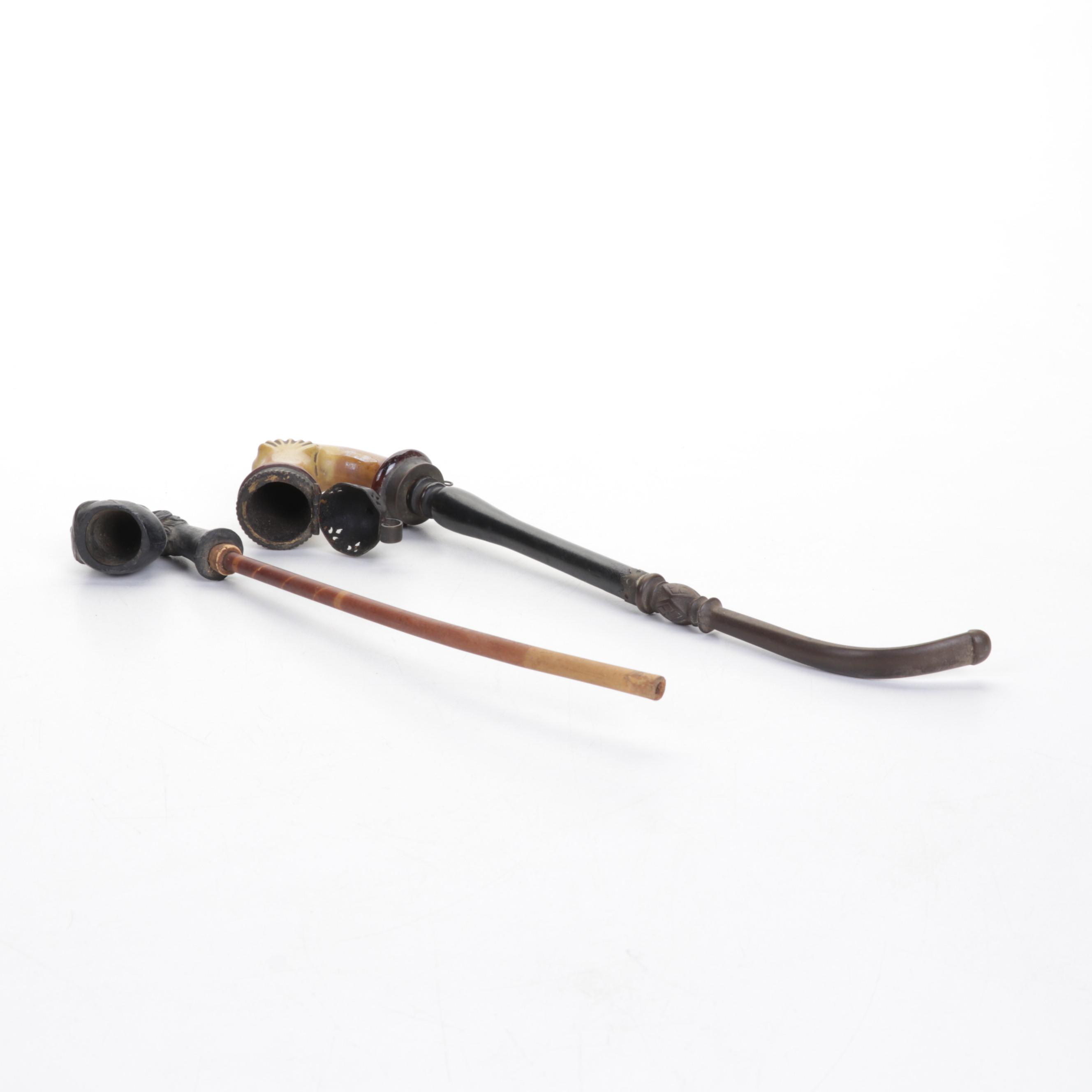 Carved German Tobacco Pipes With Calabash Pipe and Stand