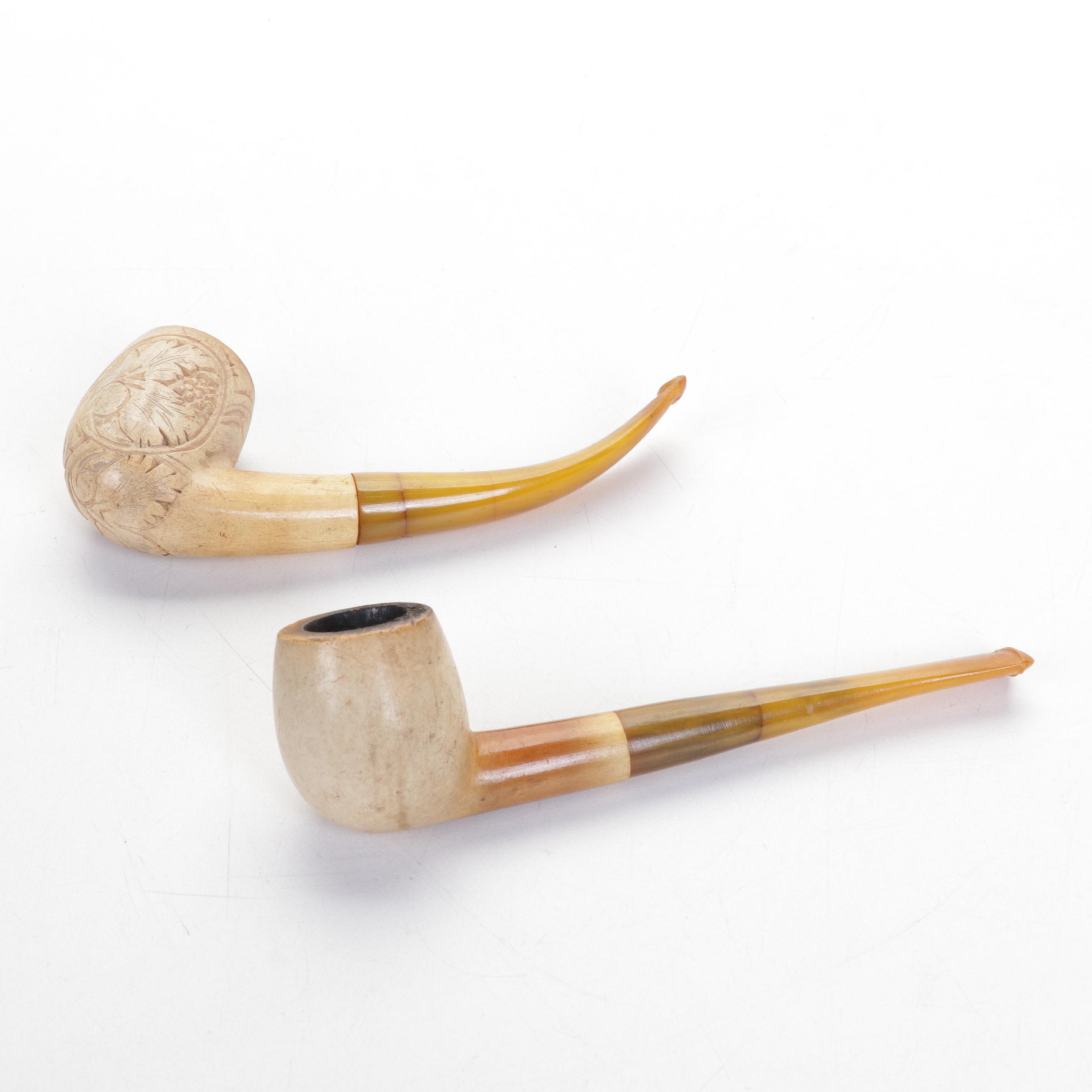 Carved German Tobacco Pipes With Calabash Pipe and Stand