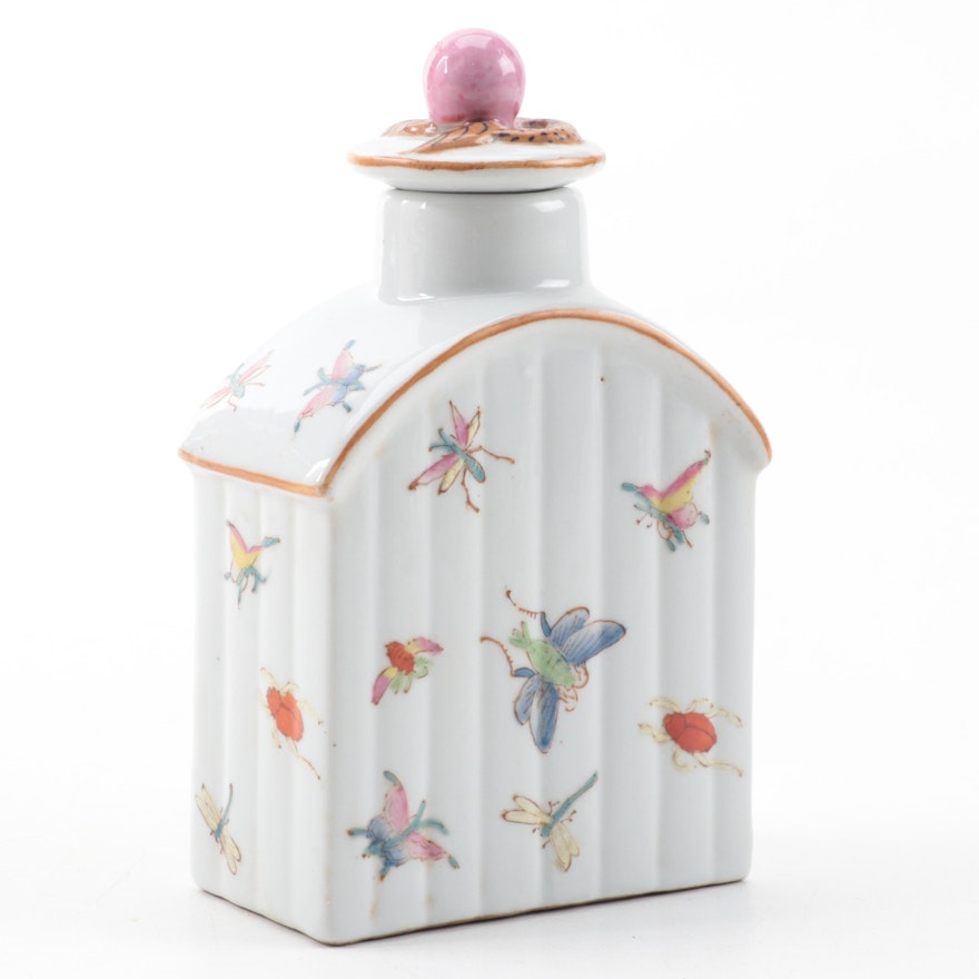 East Asian Style Insect Motif Porcelain Lidded Tea Caddy, 20th Century