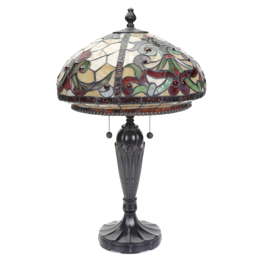 Dale Tiffany Jeweled Arts and Crafts Style Slag Glass Table Lamp, Late 20th C.
