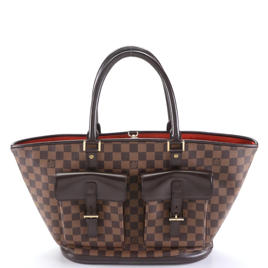 Louis Vuitton Manosque GM Tote Bag in Damier Ebene Canvas and Brown Leather