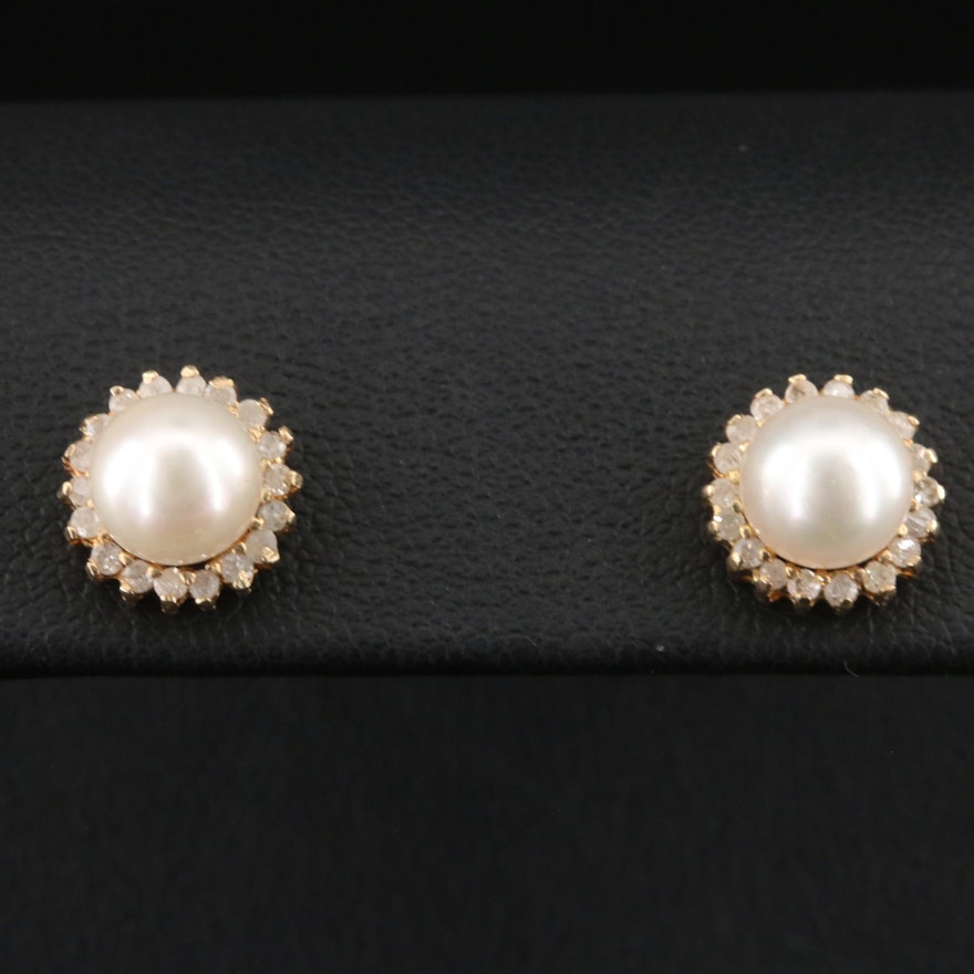 14K Pearl and Diamond Stud Earrings