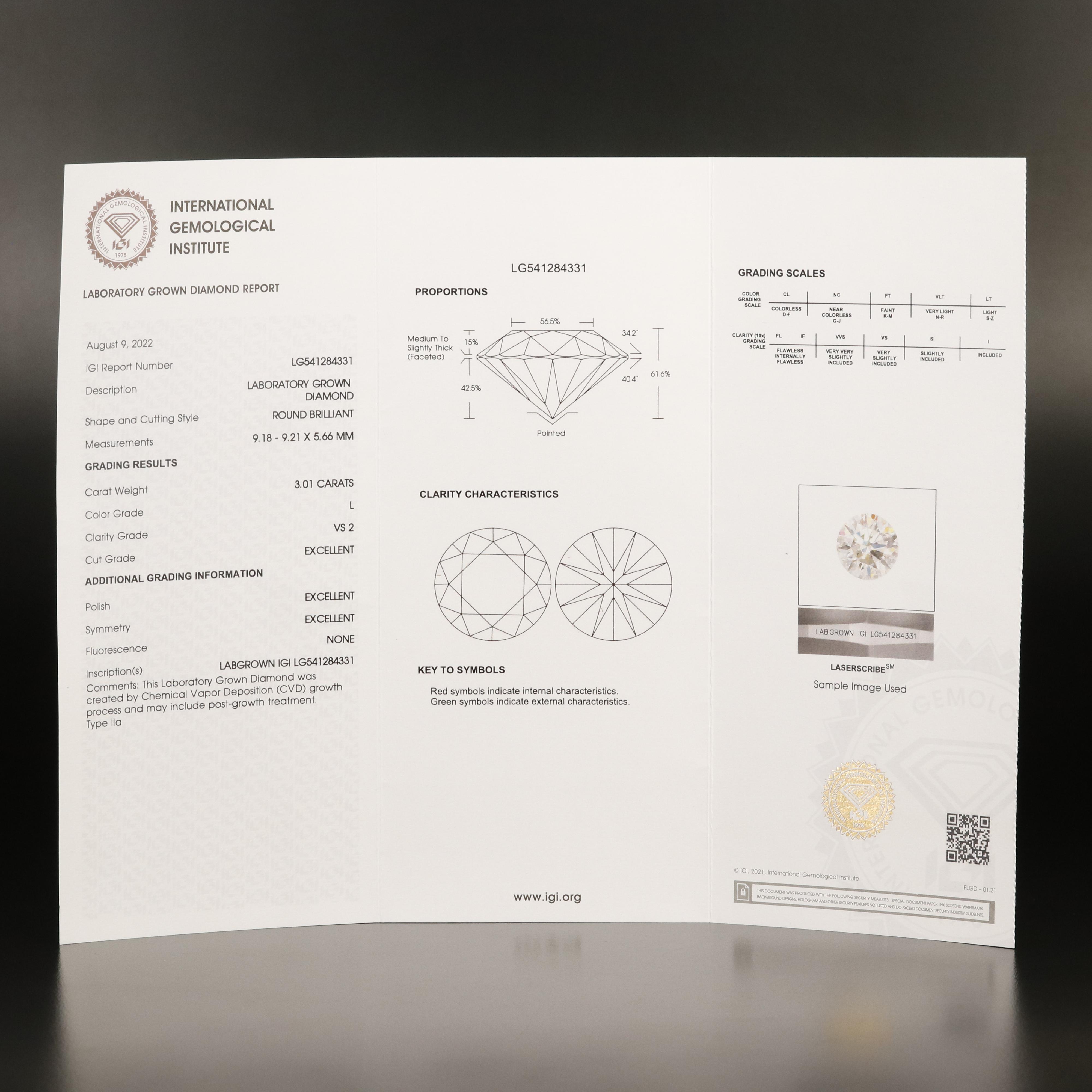 Loose 3.01 CT Lab Grown Diamond with IGI Report