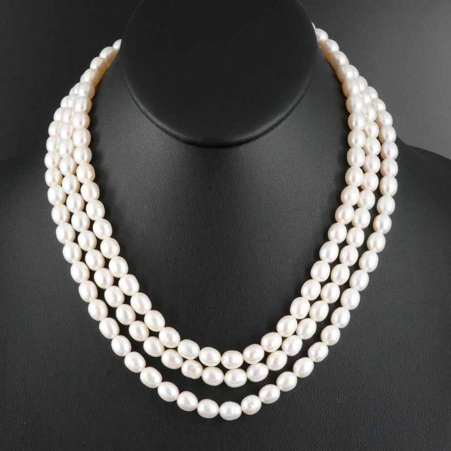 Pearl Triple Strand Necklace with Sterling Clasp