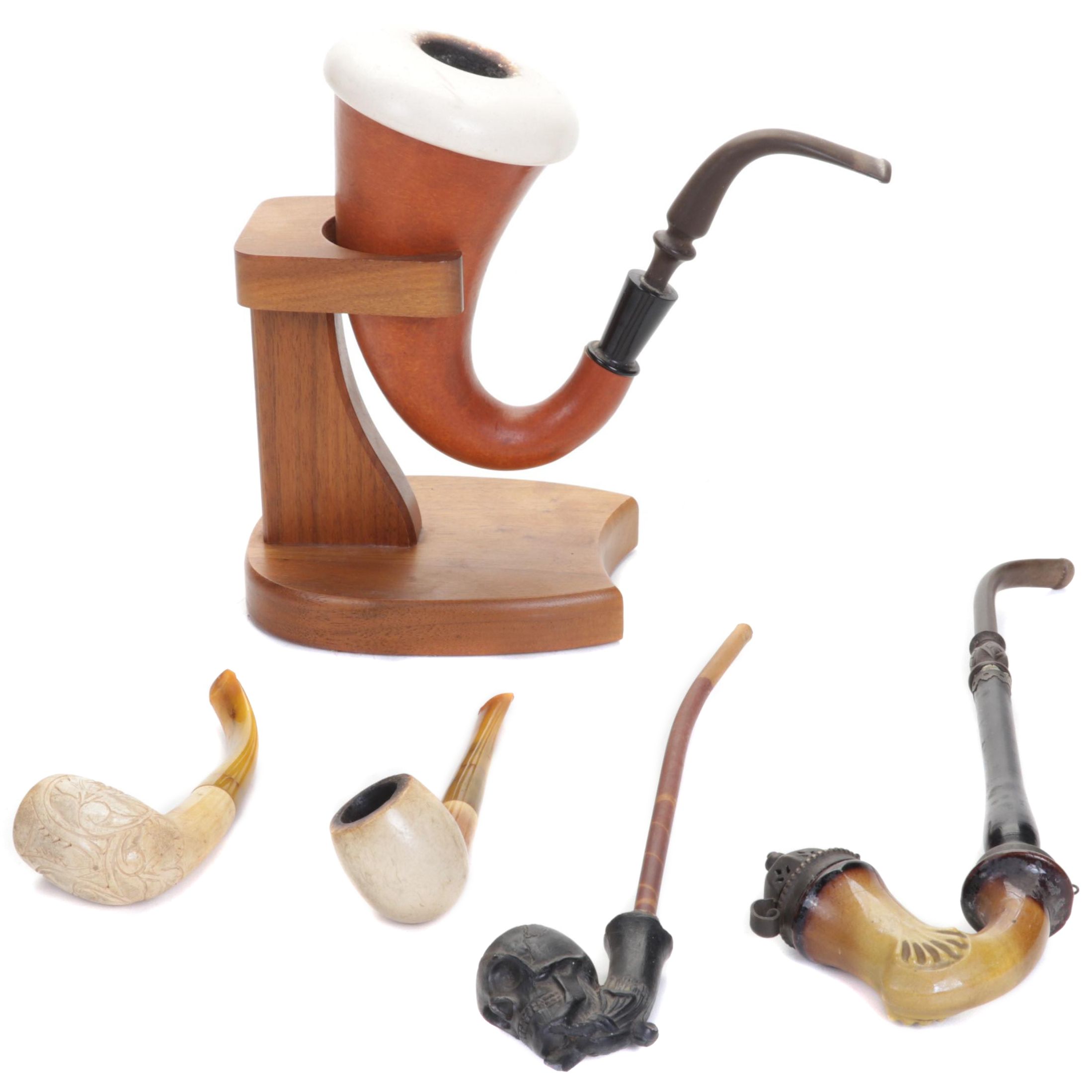 Carved German Tobacco Pipes With Calabash Pipe and Stand