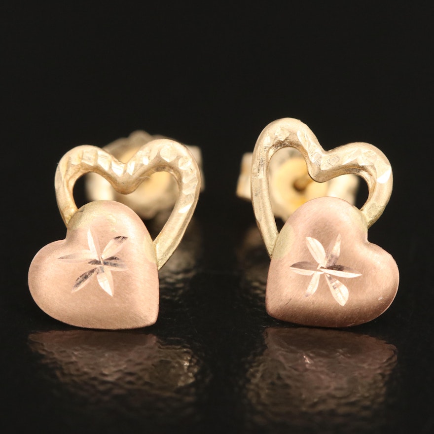 14K Double Heart Stud Earrings with Rose Gold Accent
