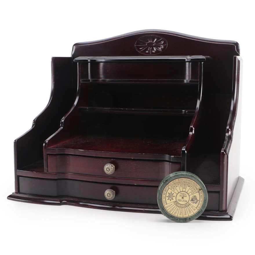 Mahogany Finish Desk Top Organizer with Marble and Brass Calendar