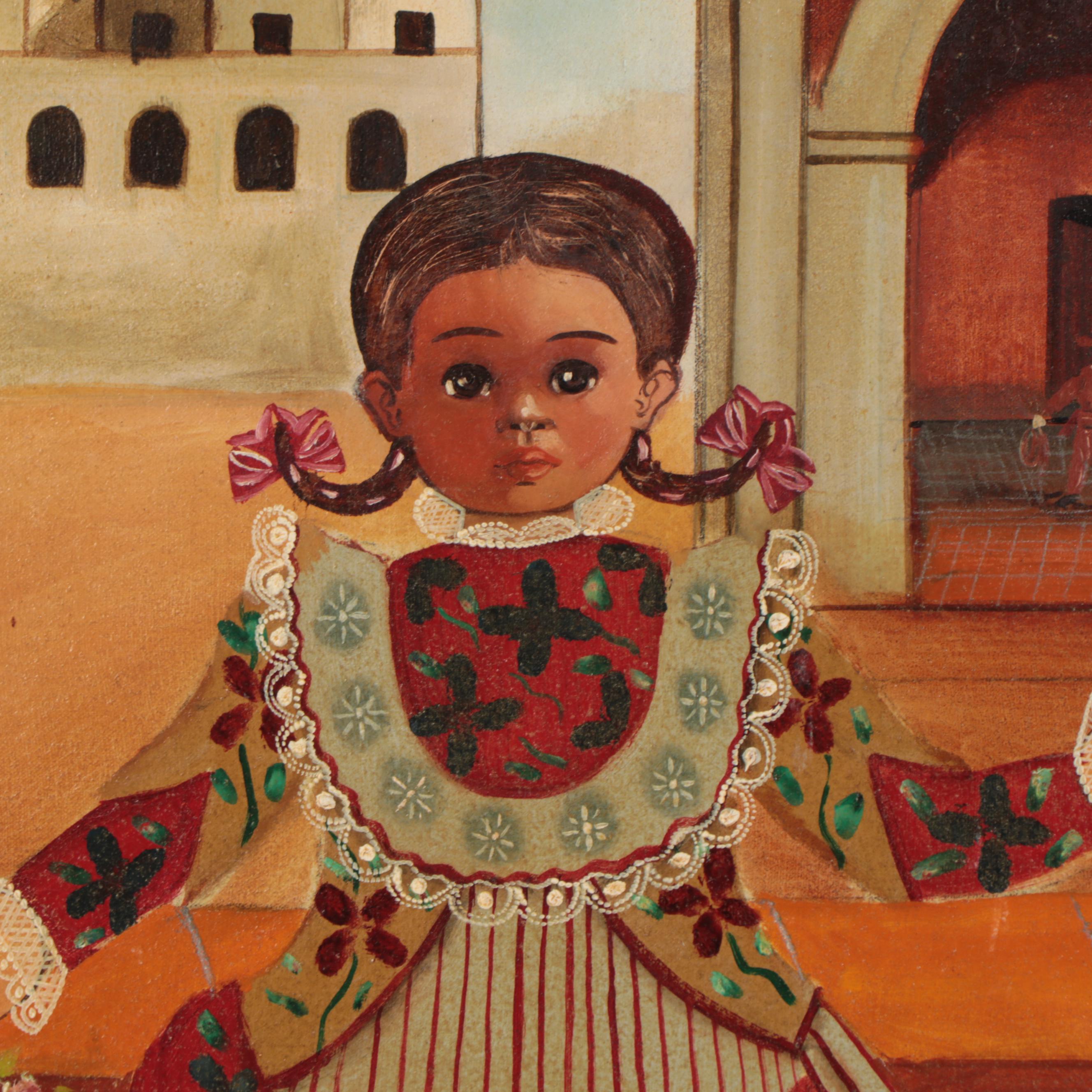 Agapito Labios Folk Art Oil Painting of Girl and Birds