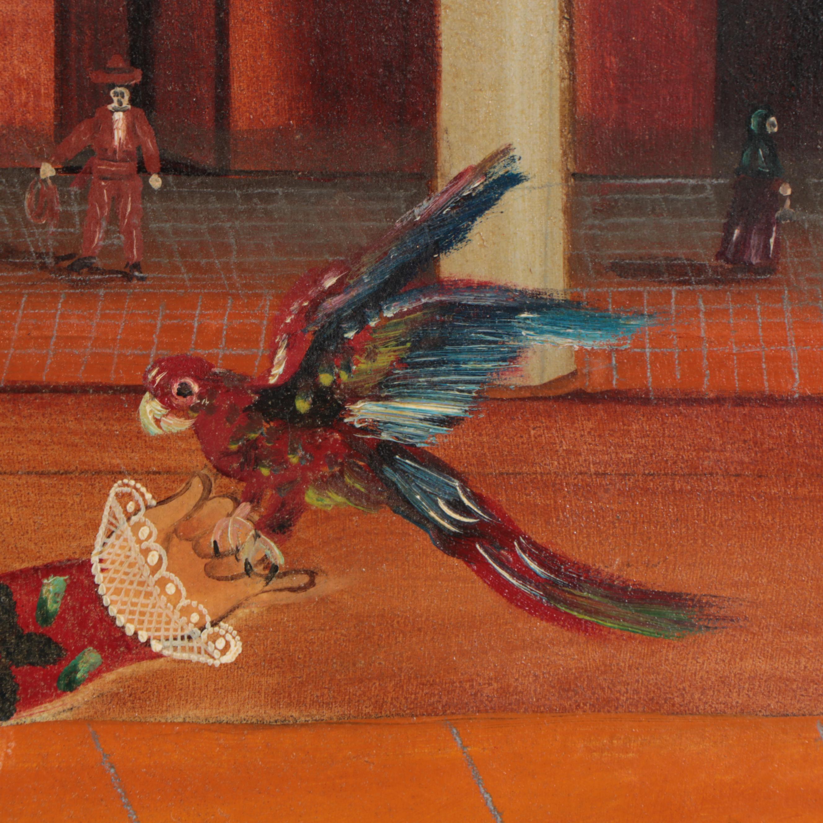 Agapito Labios Folk Art Oil Painting of Girl and Birds