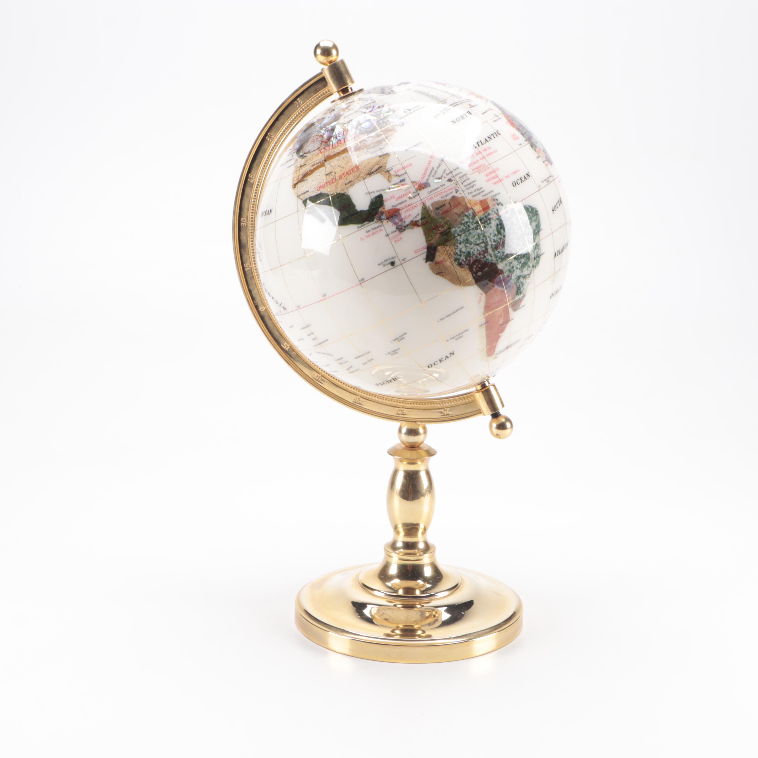 Gemstone Inlaid Globe on Brass Stand