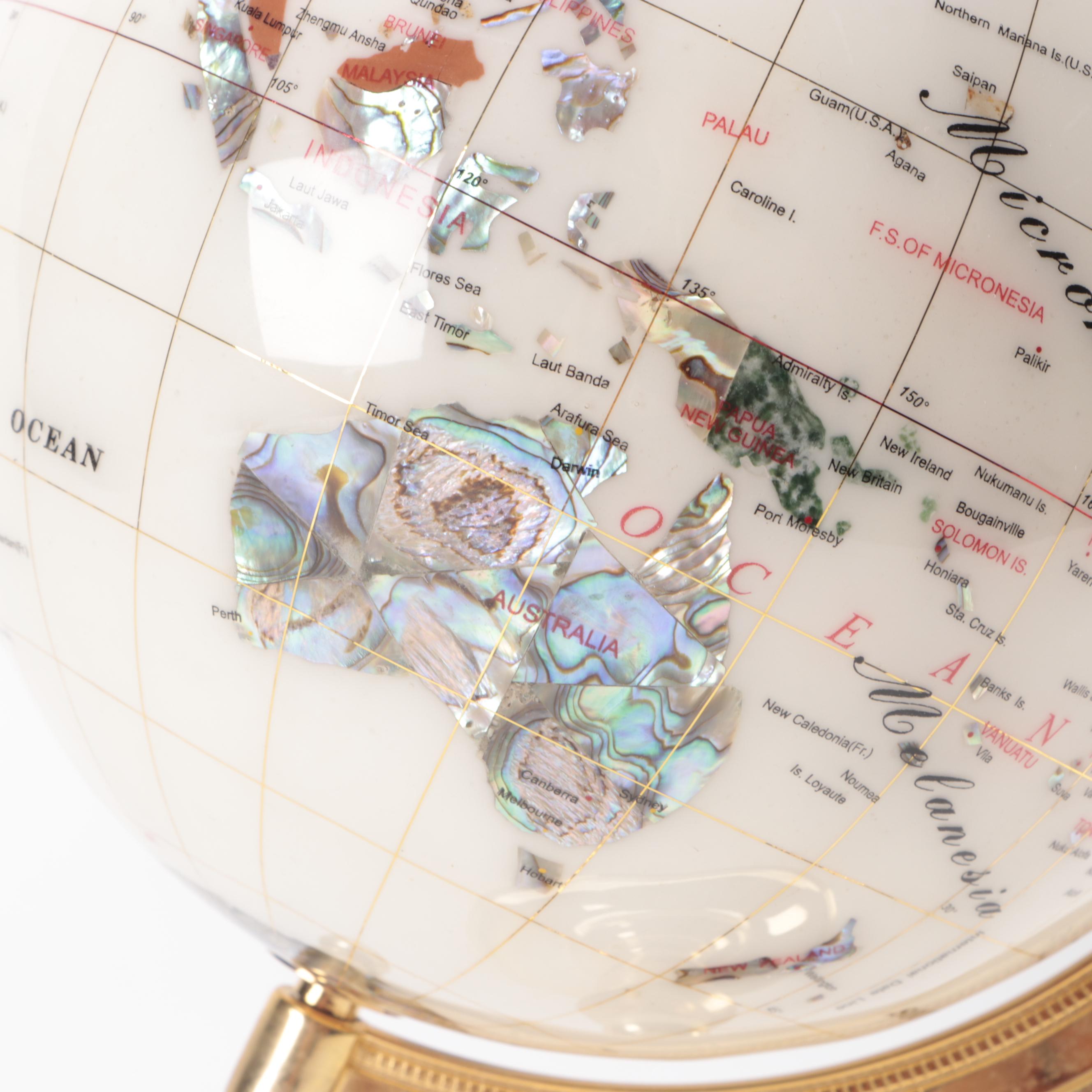 Gemstone Inlaid Globe on Brass Stand