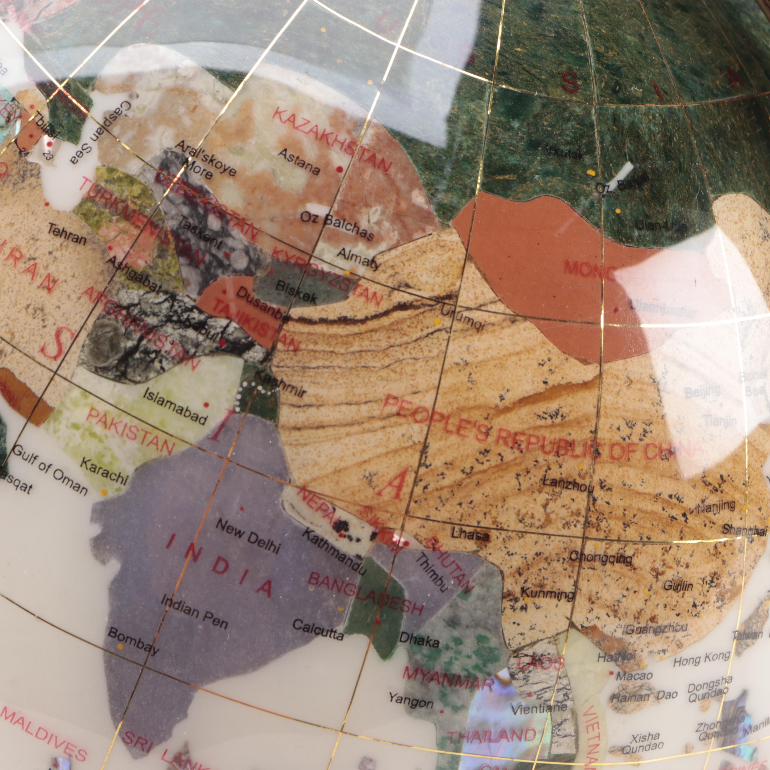 Gemstone Inlaid Globe on Brass Stand