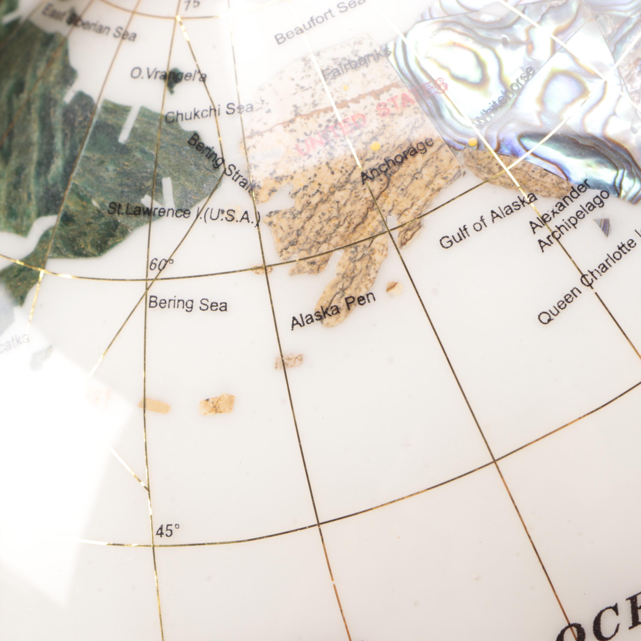 Gemstone Inlaid Globe on Brass Stand