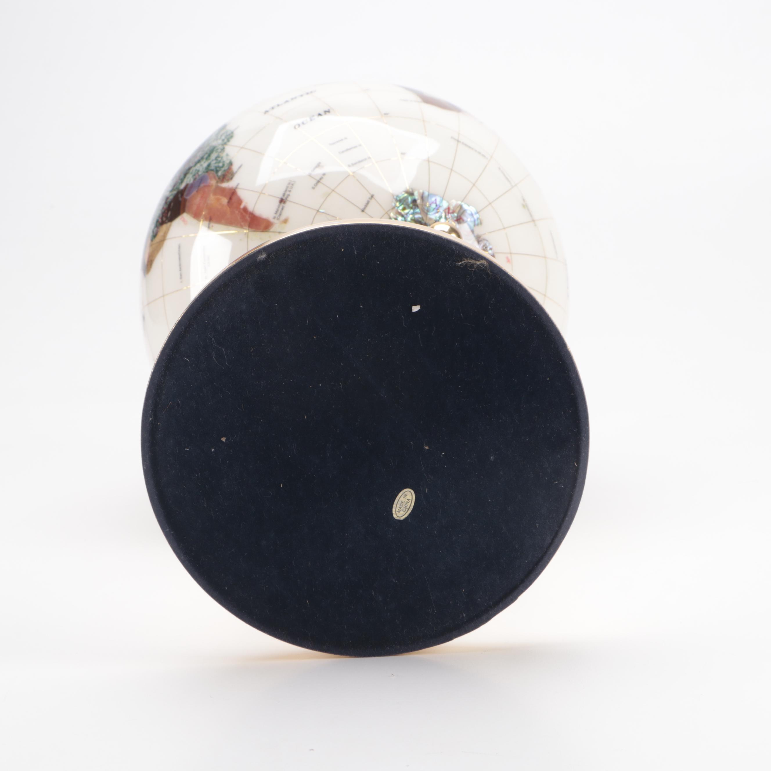 Gemstone Inlaid Globe on Brass Stand