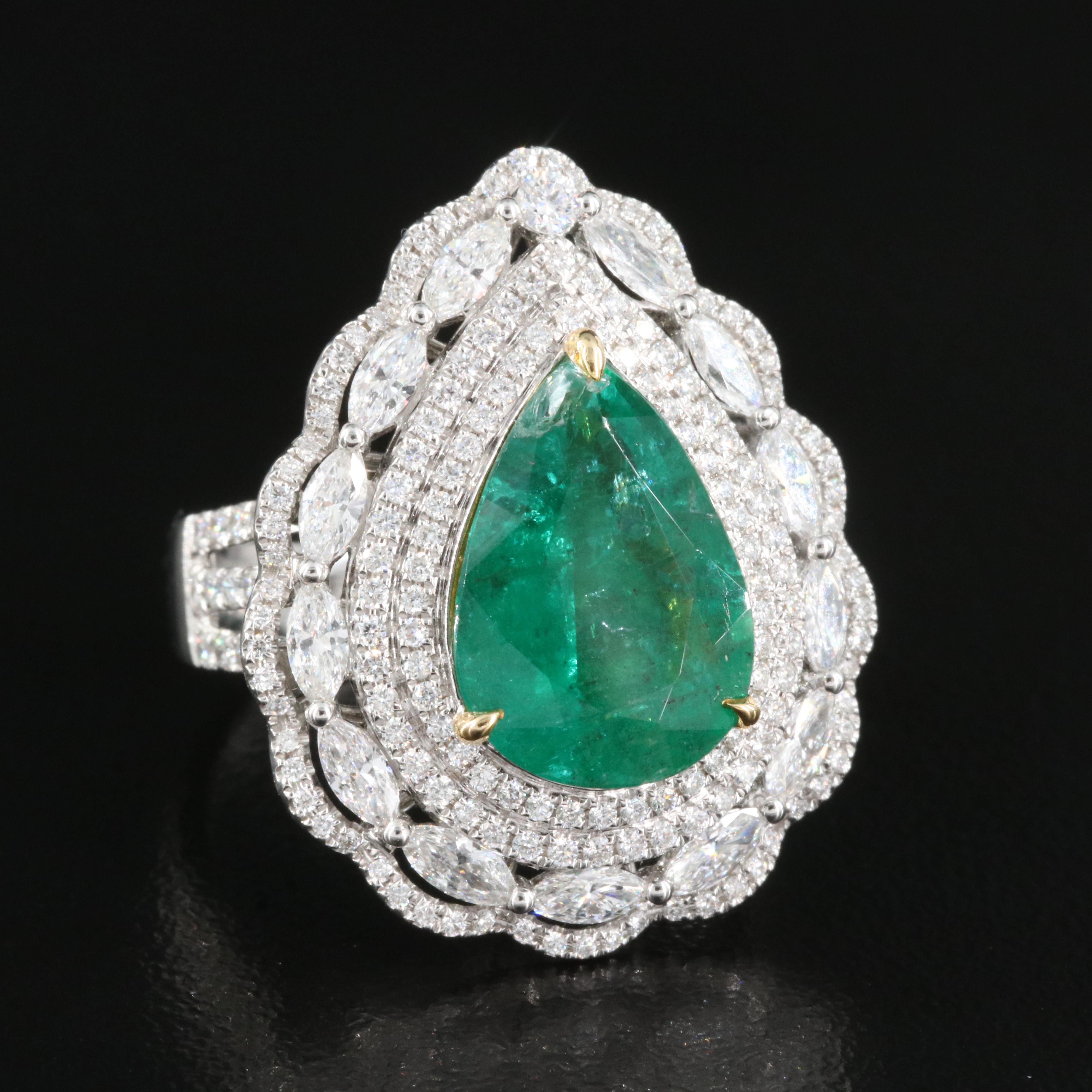 18K 4.53 CT Emerald Teardrop Ring with 1.74 Diamond Scalloped Halo