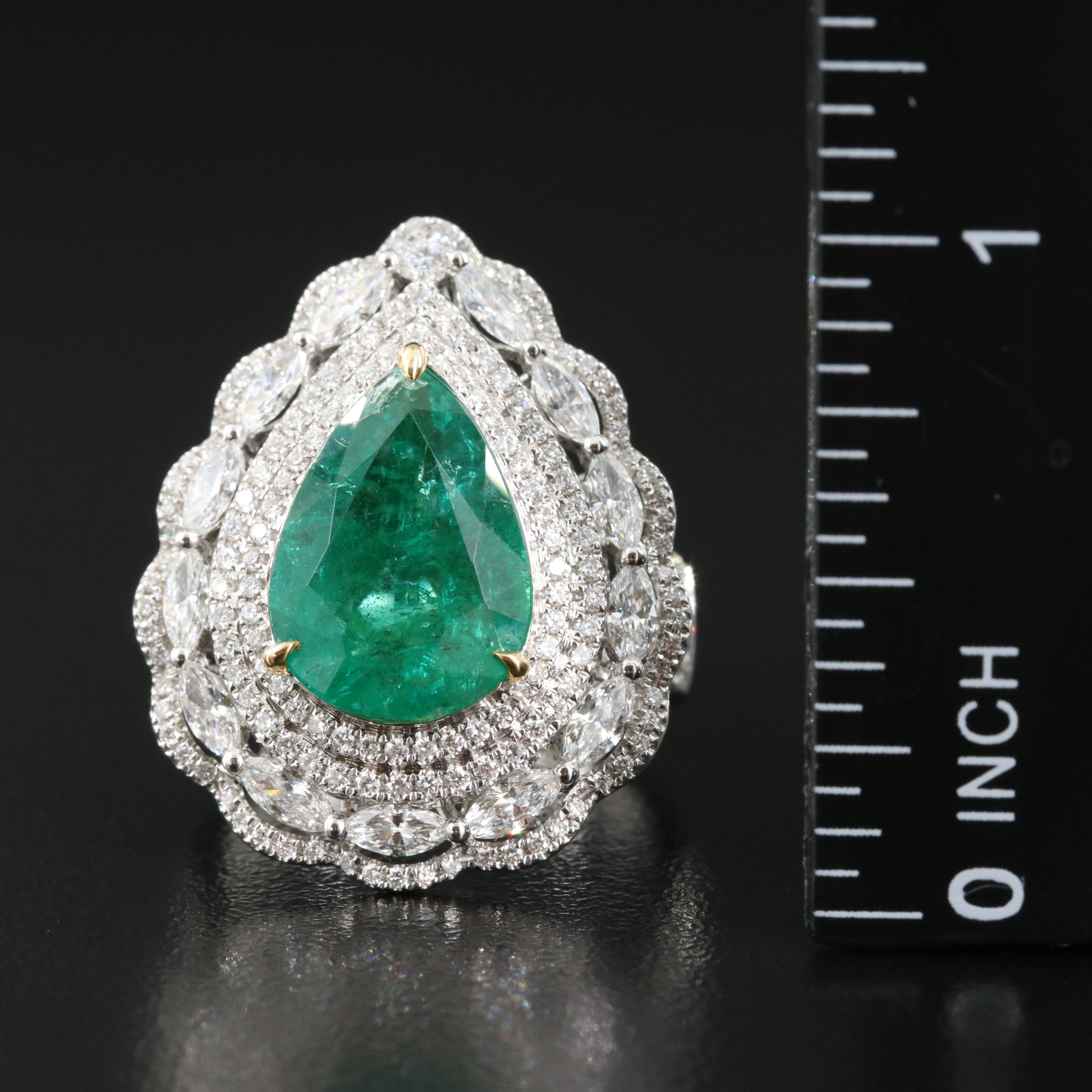 18K 4.53 CT Emerald Teardrop Ring with 1.74 Diamond Scalloped Halo