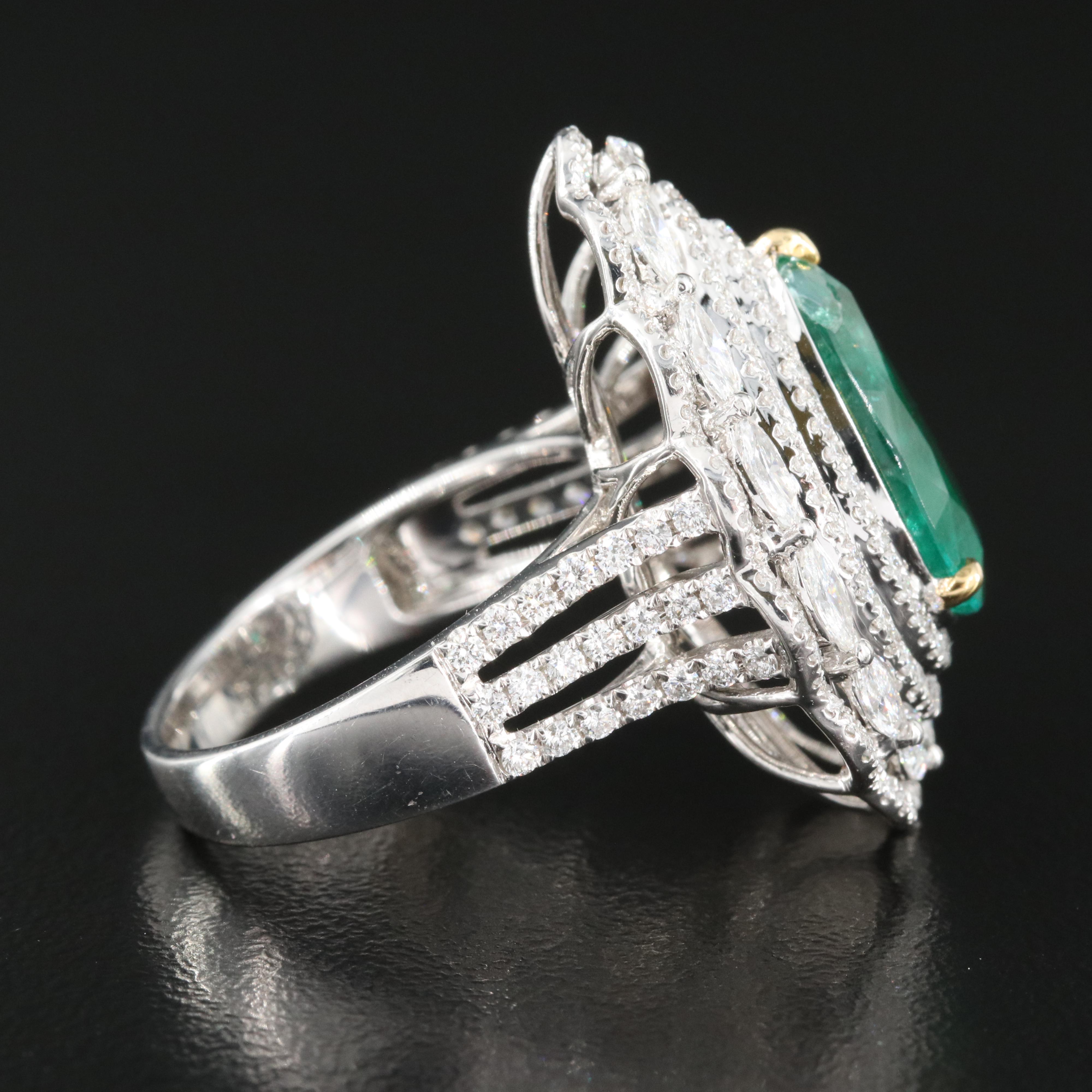 18K 4.53 CT Emerald Teardrop Ring with 1.74 Diamond Scalloped Halo