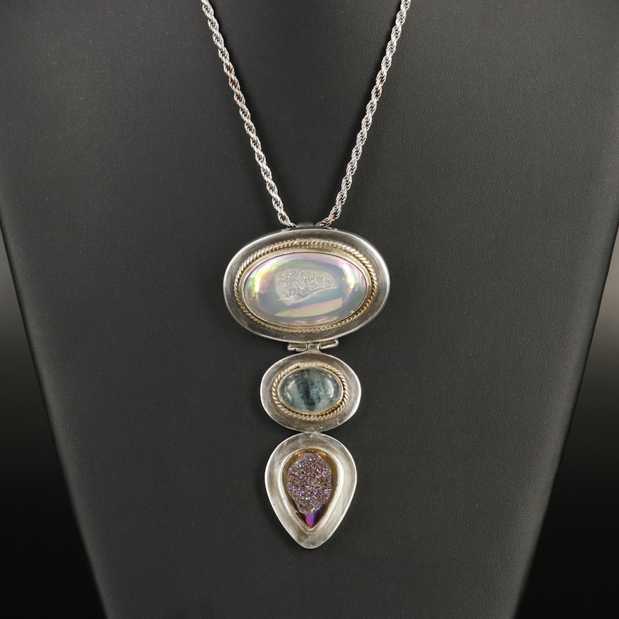 Sterling Prasiolite and Druzy Graduated Pendant Necklace