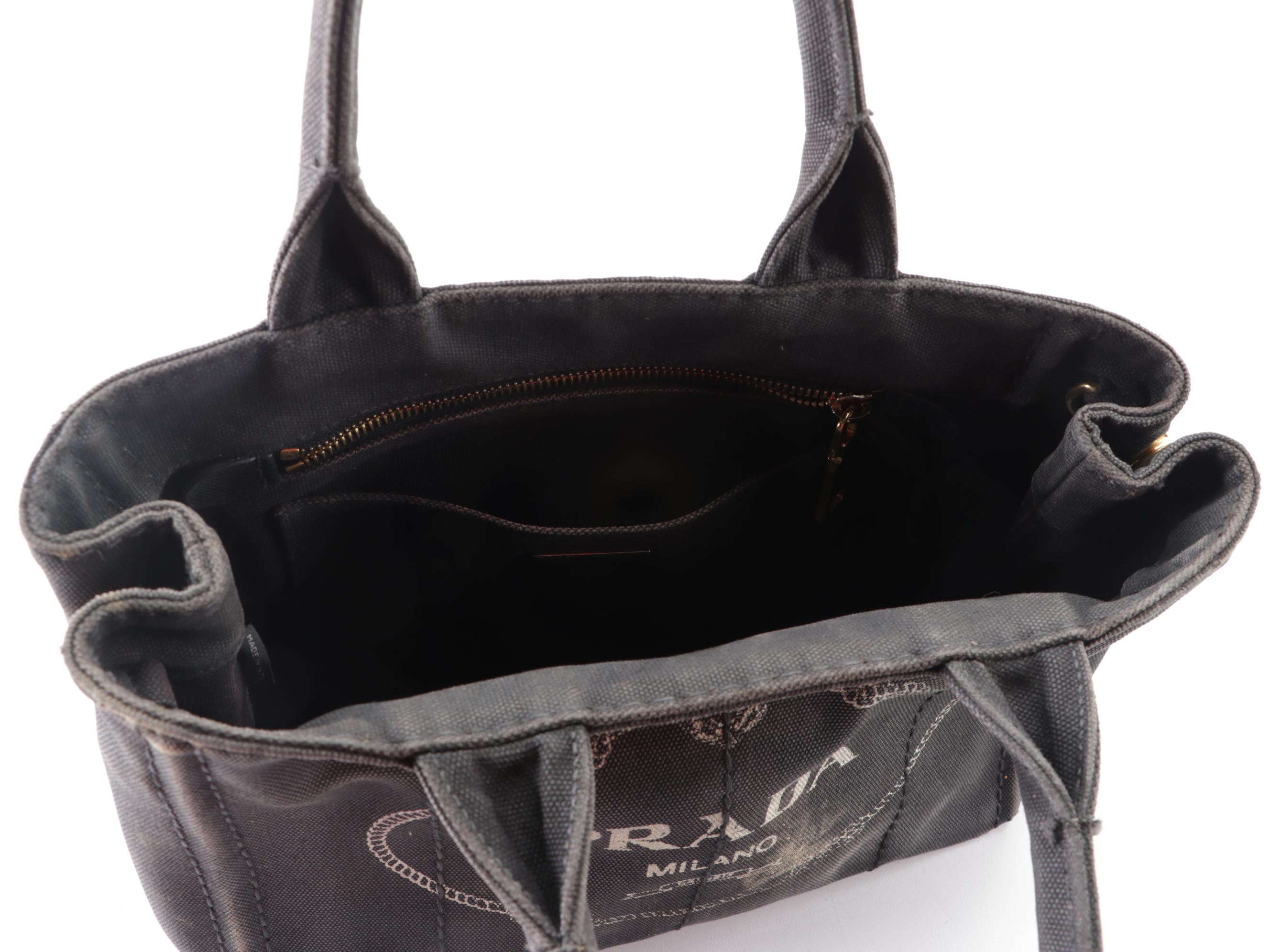 Prada Small Logo Tote in Black Canapa Canvas