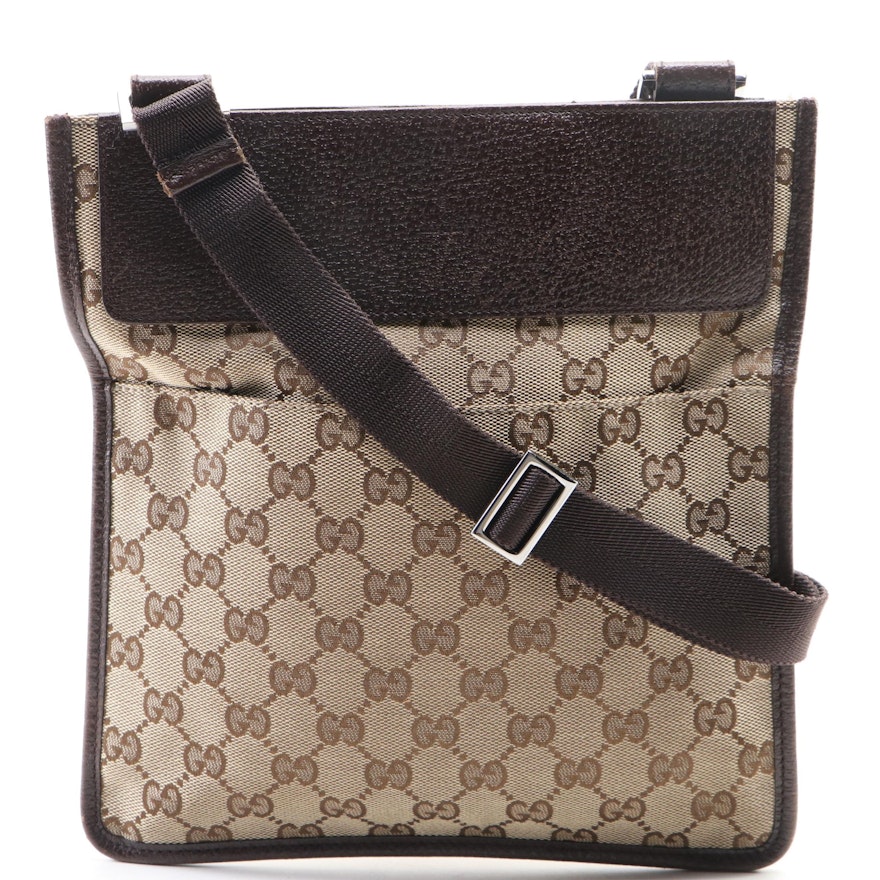 Gucci Small Crossbody Bag in Tan GG Canvas and Dark Brown Cinghiale Leather