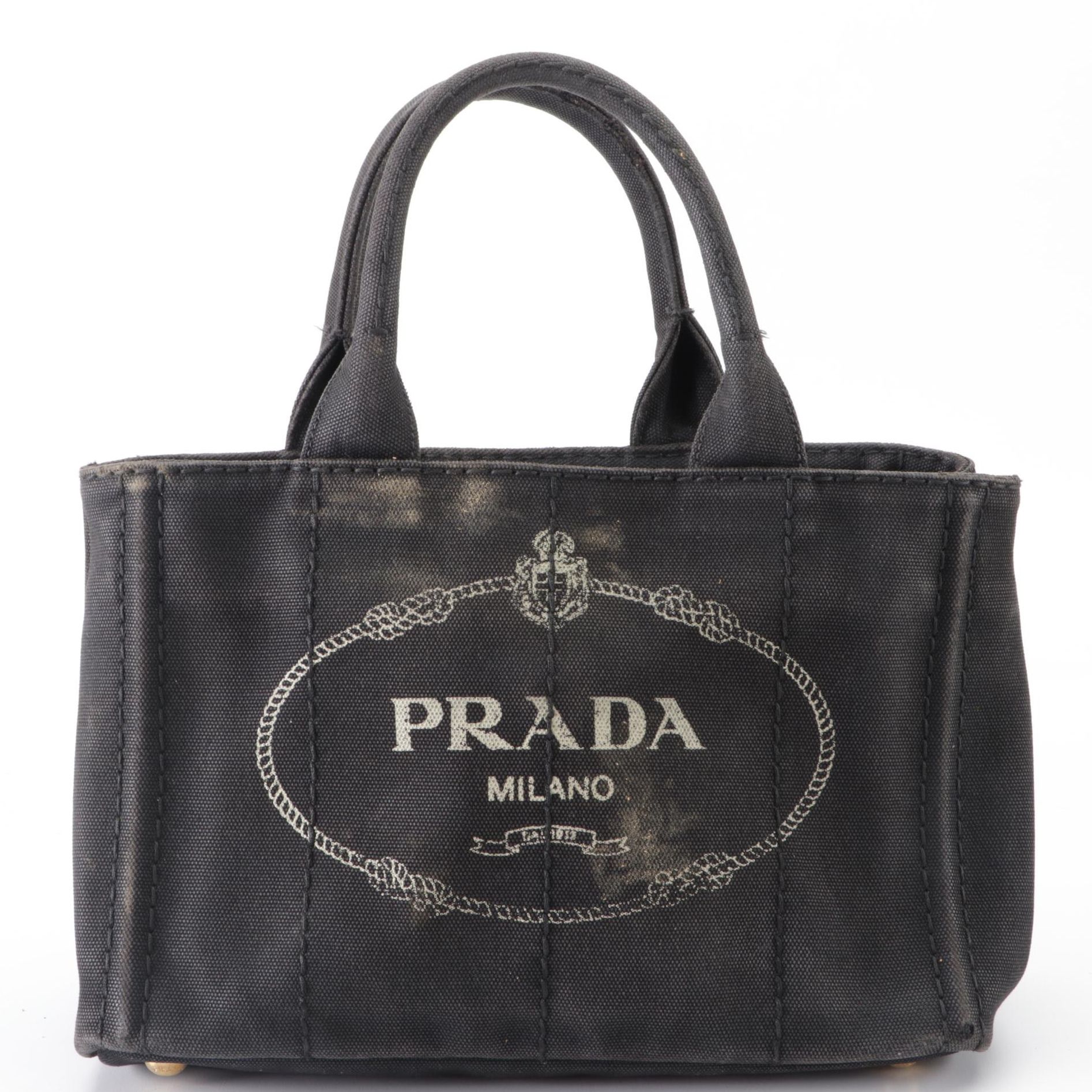 Prada Small Logo Tote in Black Canapa Canvas