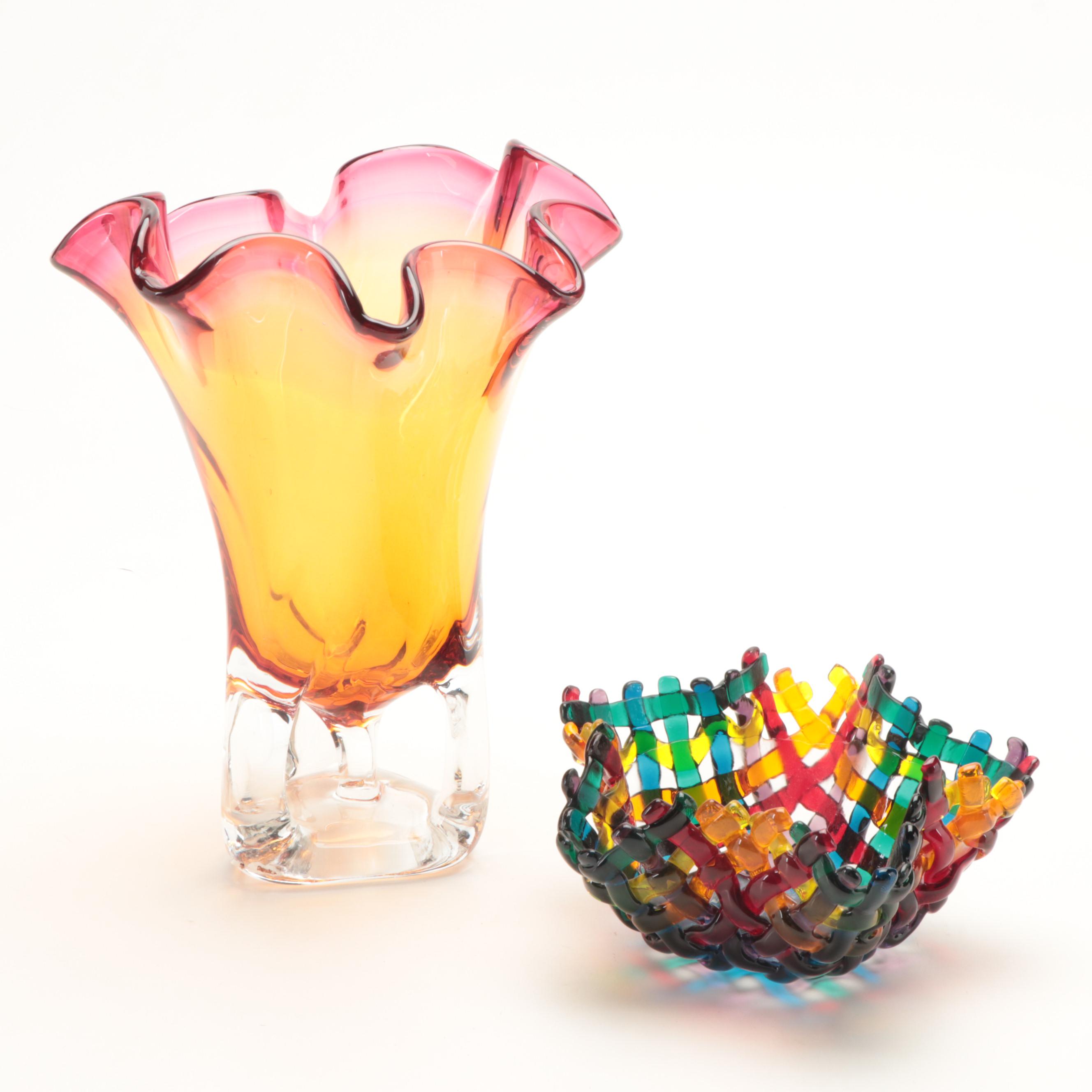 Fused Basket Weave Glass Bowl With Blown Glass Vase