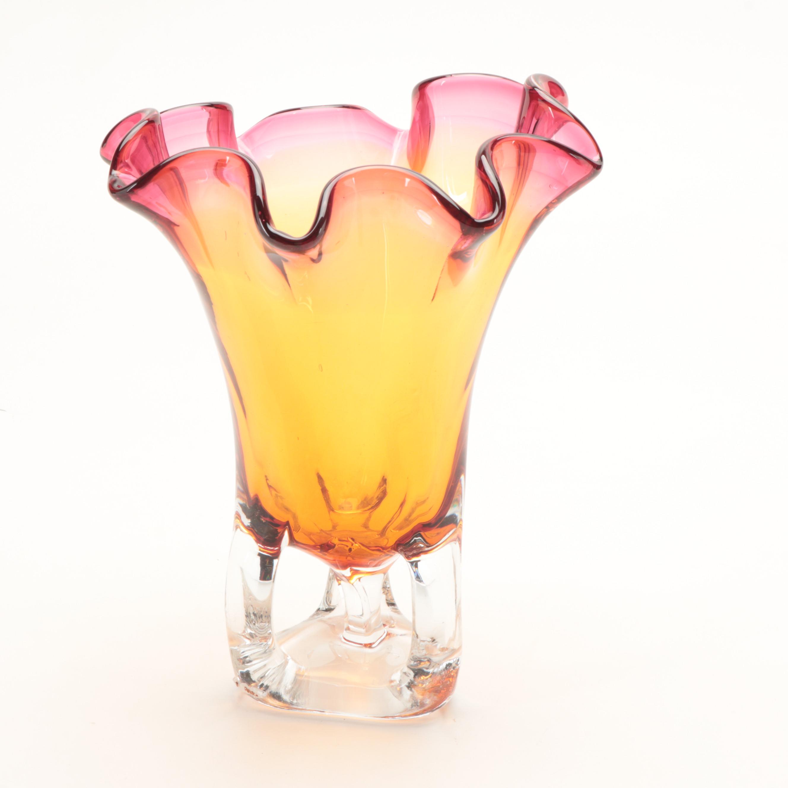 Fused Basket Weave Glass Bowl With Blown Glass Vase