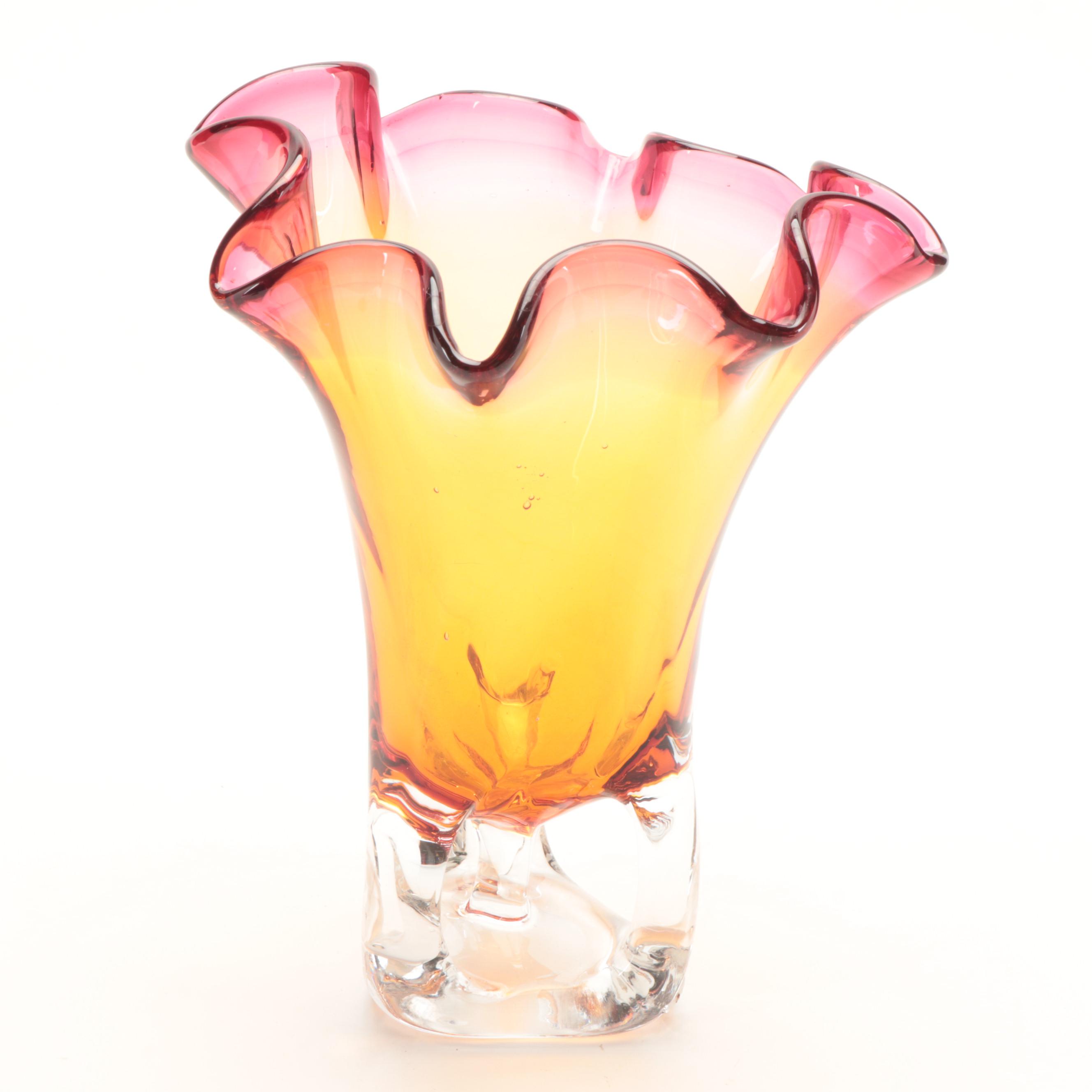 Fused Basket Weave Glass Bowl With Blown Glass Vase