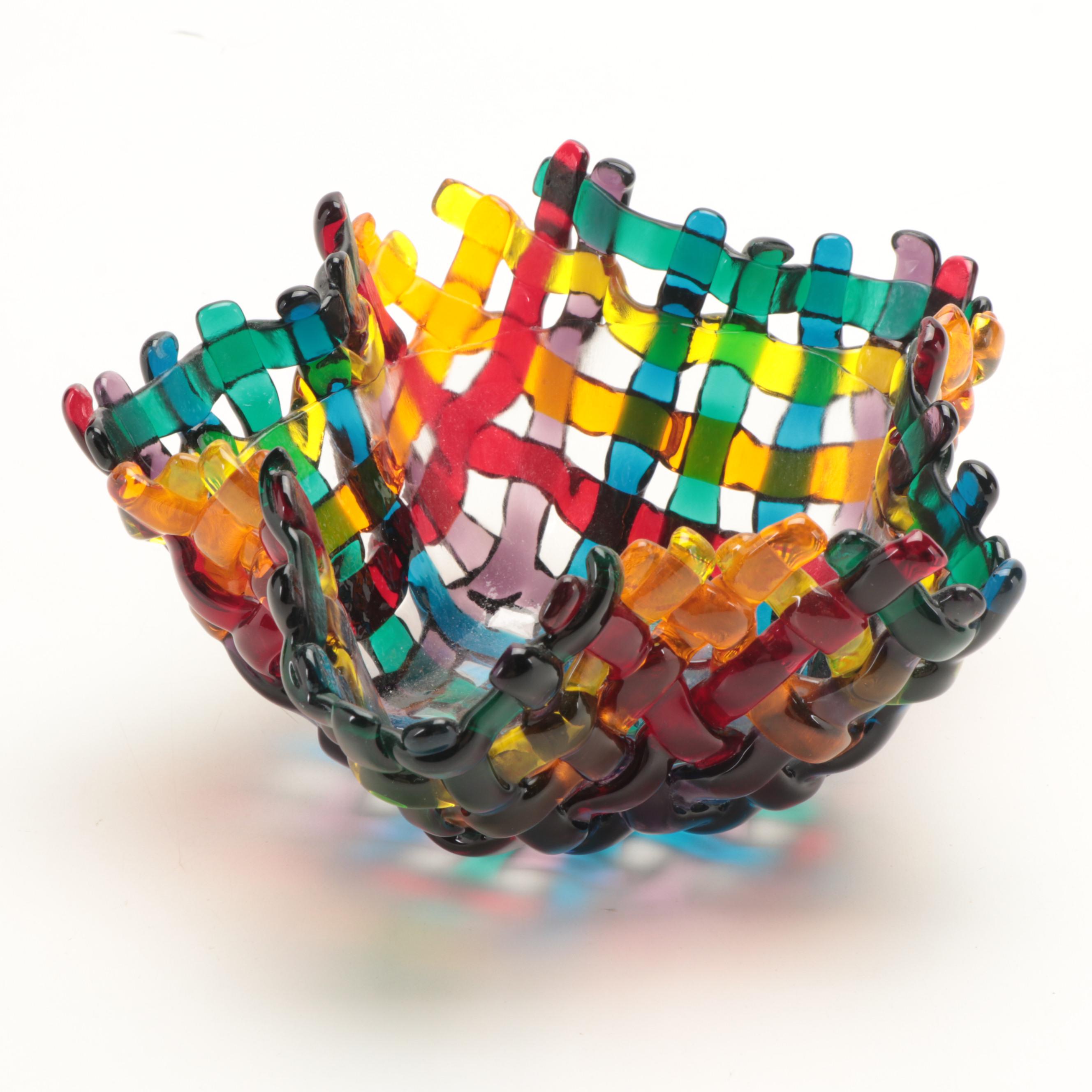 Fused Basket Weave Glass Bowl With Blown Glass Vase