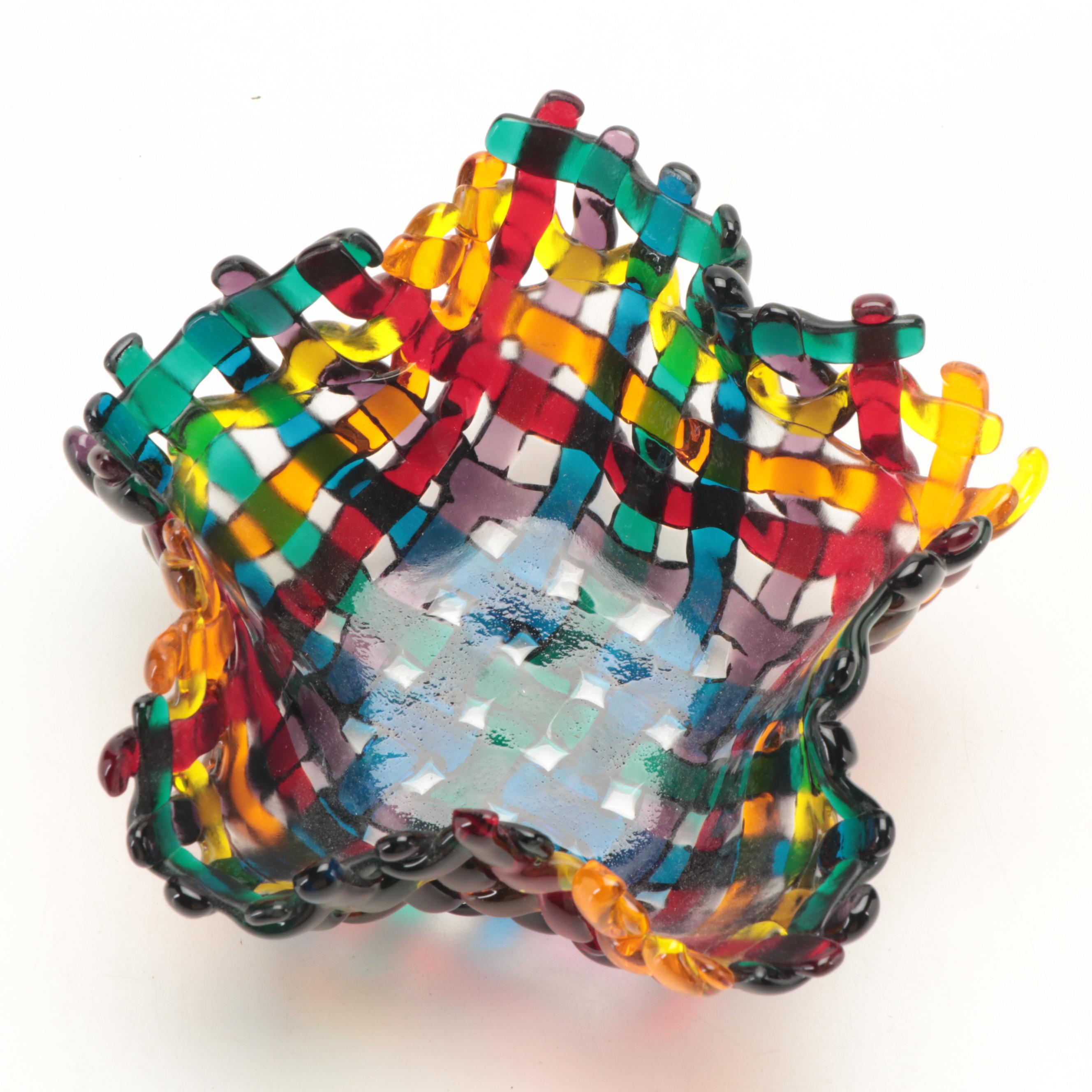 Fused Basket Weave Glass Bowl With Blown Glass Vase