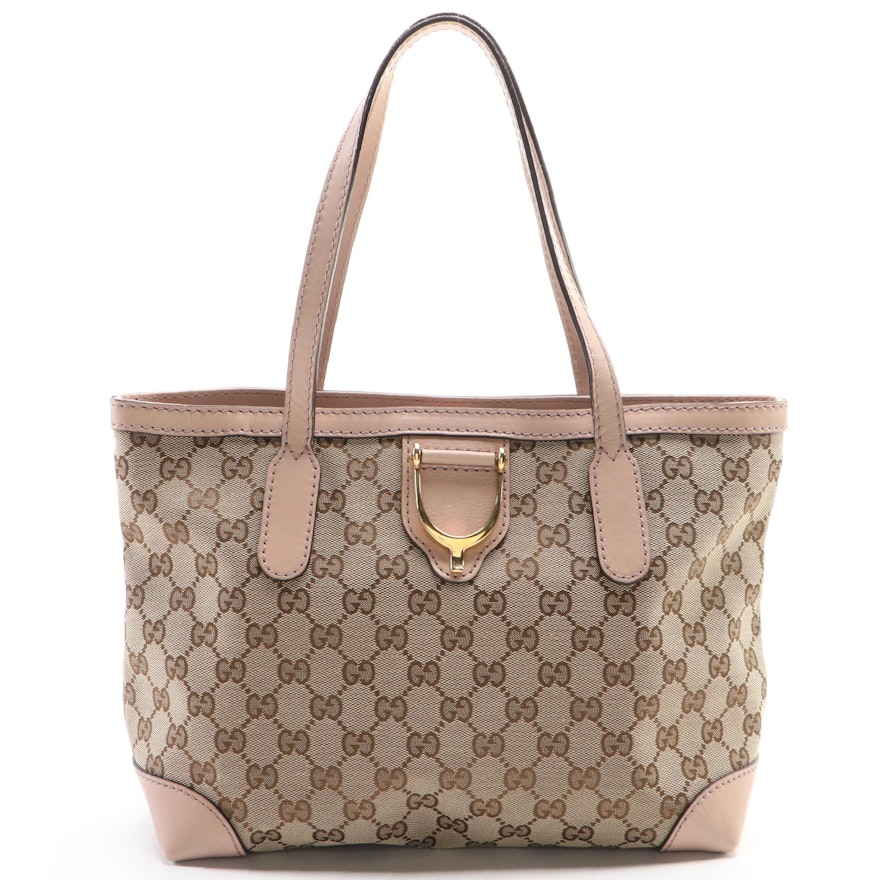 Gucci Stirrup Tote in Beige GG Canvas and Blush Pink Leather Trim