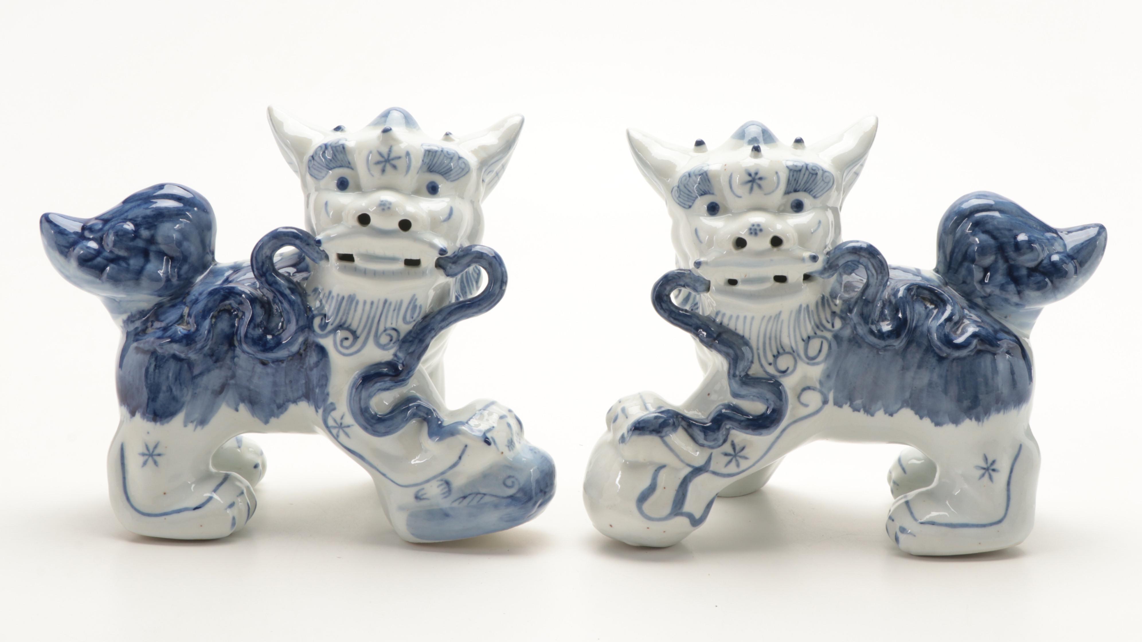 Chinese Blue and White Ceramic Guardian Lion Figurines