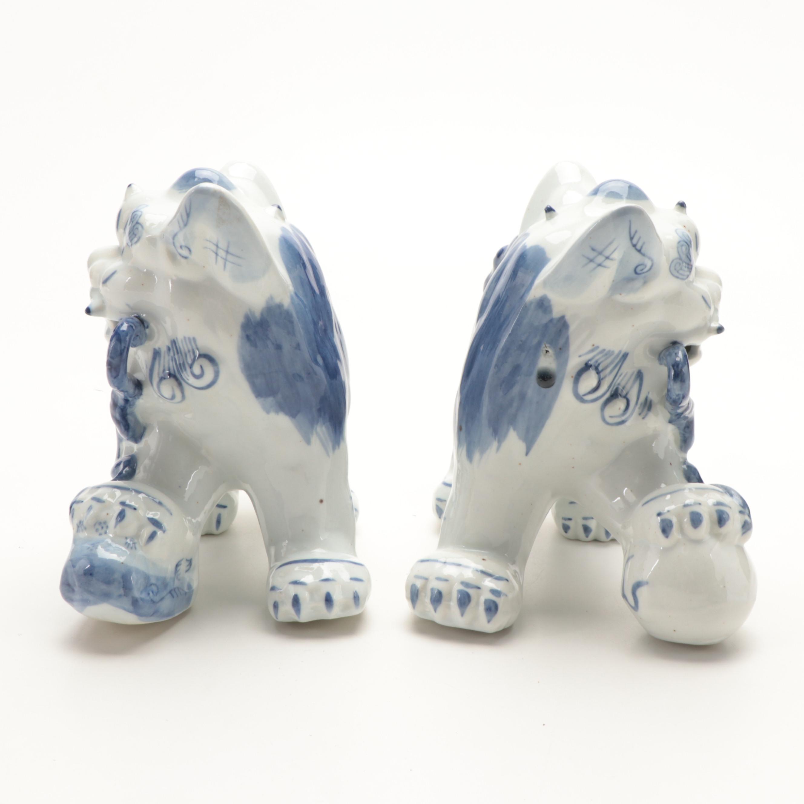 Chinese Blue and White Ceramic Guardian Lion Figurines