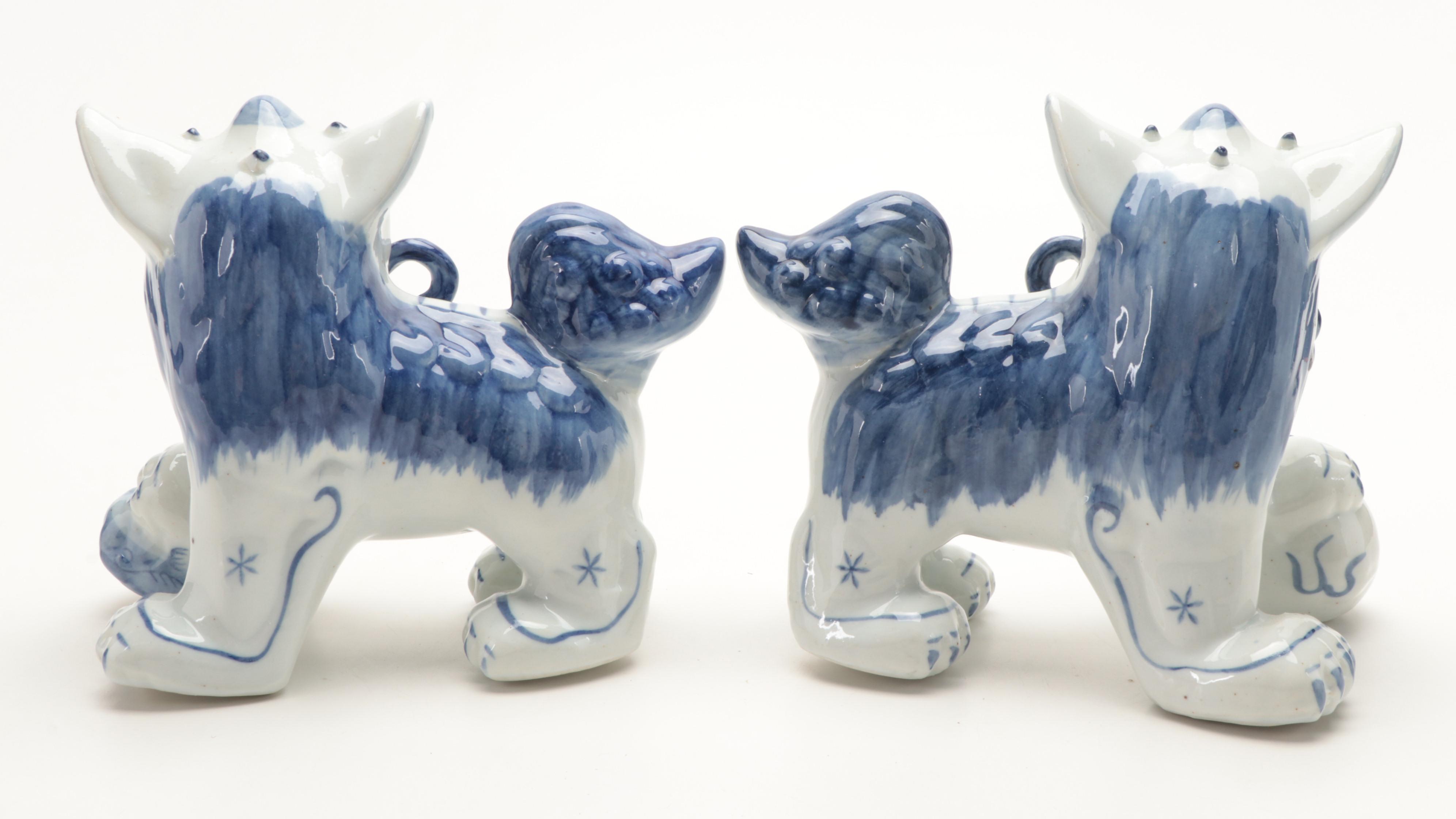 Chinese Blue and White Ceramic Guardian Lion Figurines