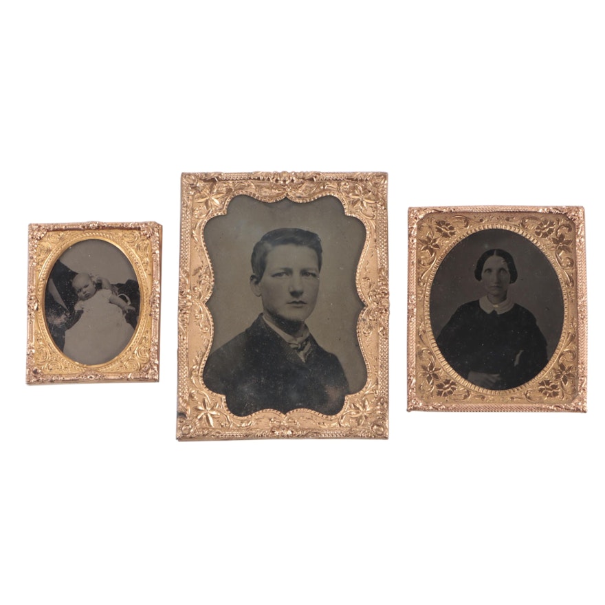 Framed Tintype Photographs of Man, Woman and Baby, Mid-19th Century