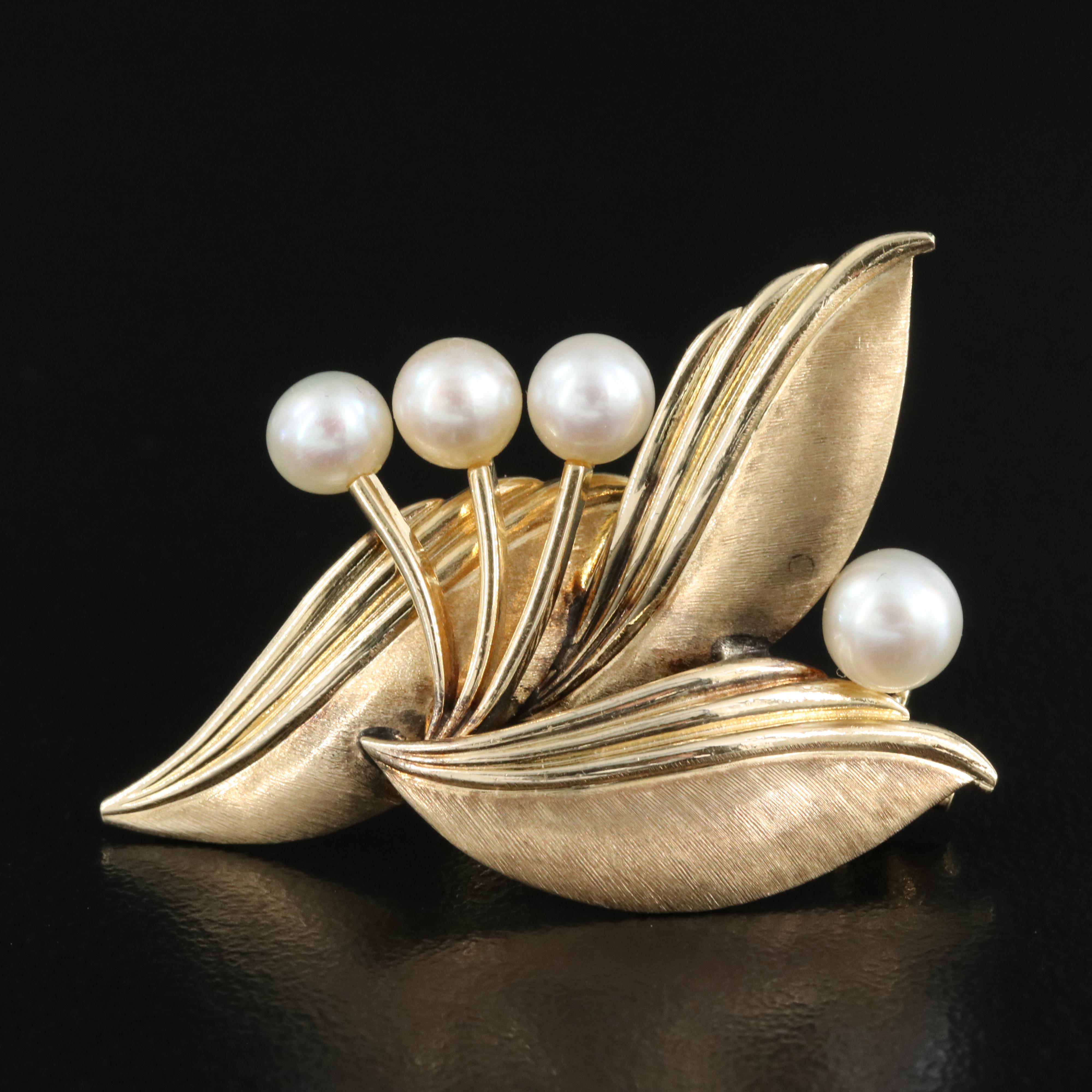 Mikimoto 14K Pearl Leaf Brooch