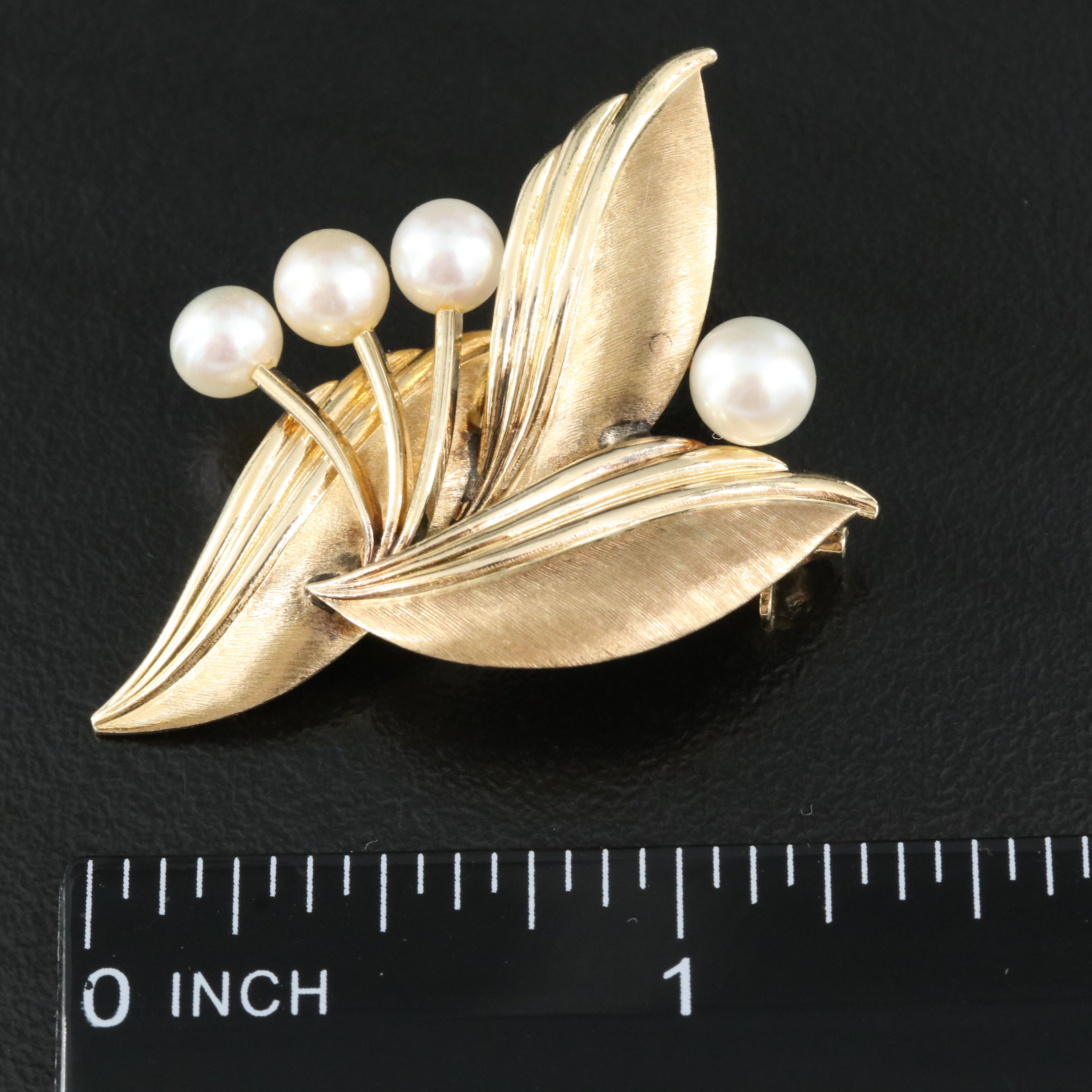 Mikimoto 14K Pearl Leaf Brooch