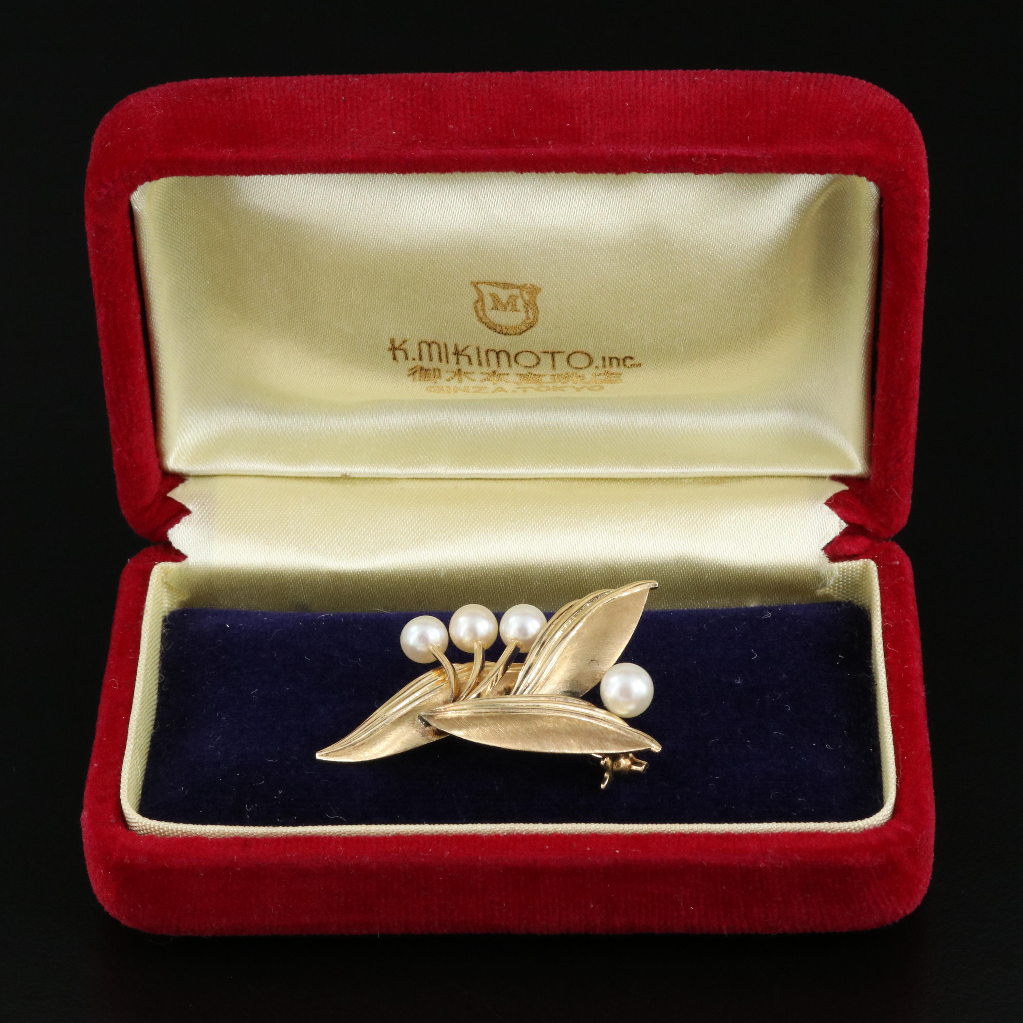 Mikimoto 14K Pearl Leaf Brooch
