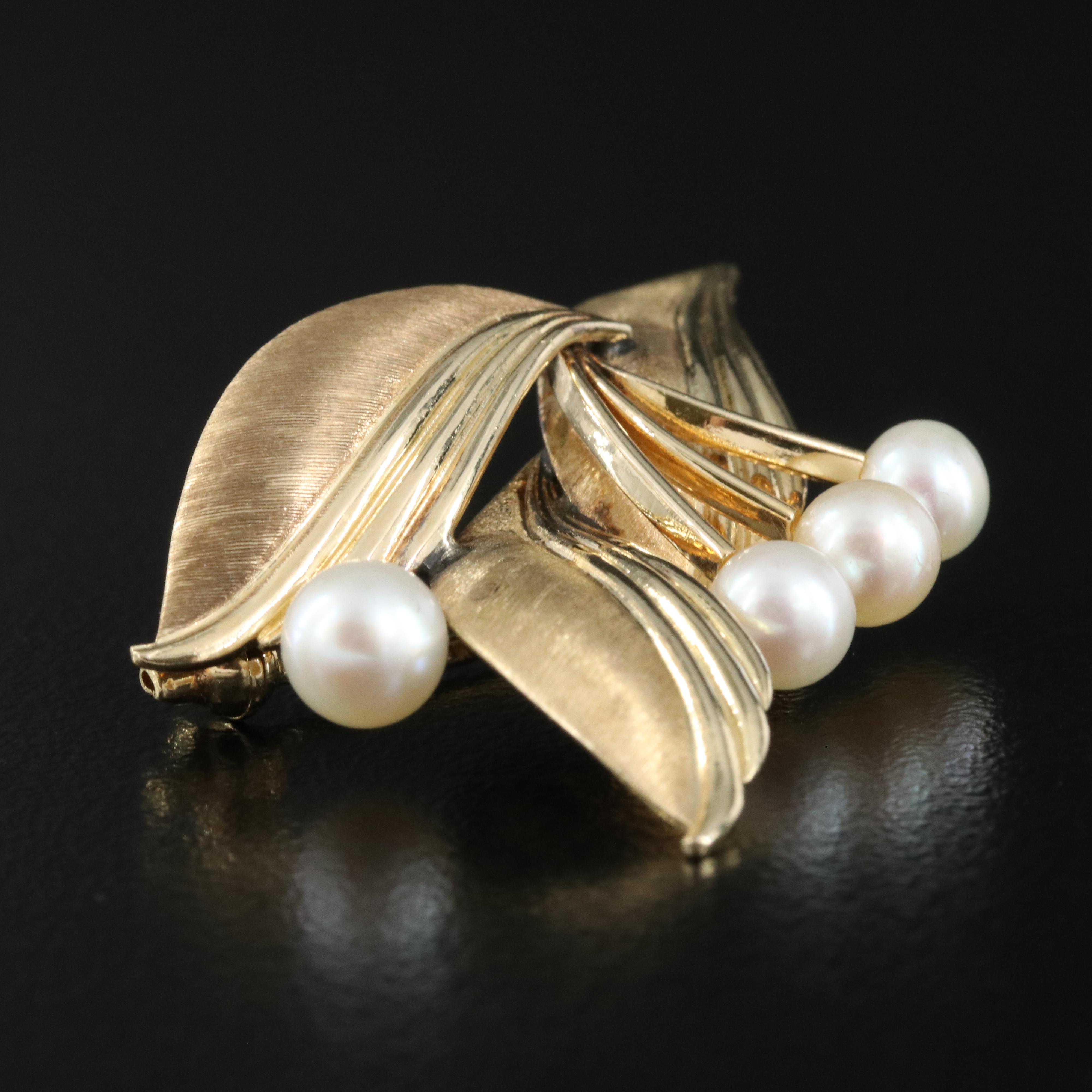 Mikimoto 14K Pearl Leaf Brooch