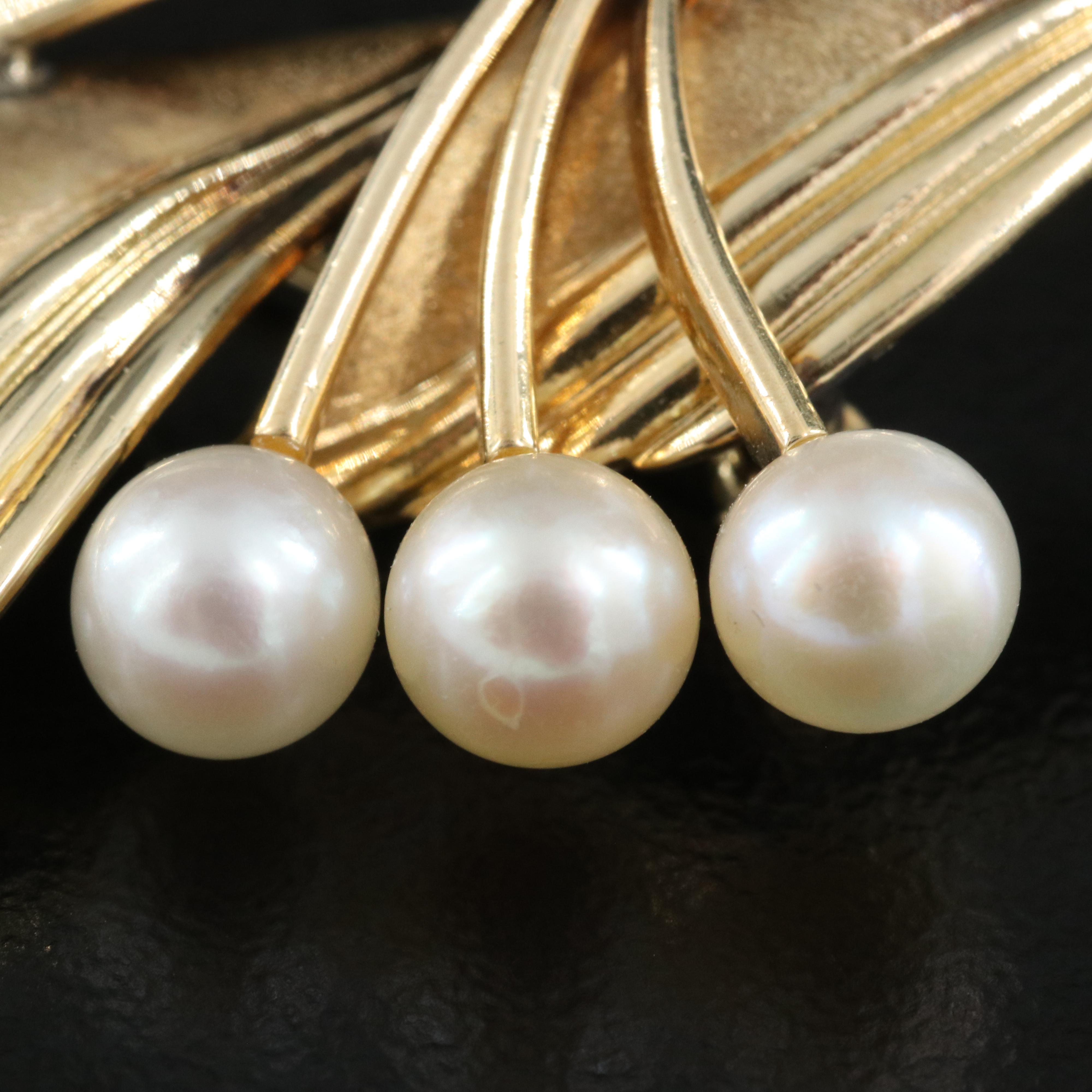 Mikimoto 14K Pearl Leaf Brooch