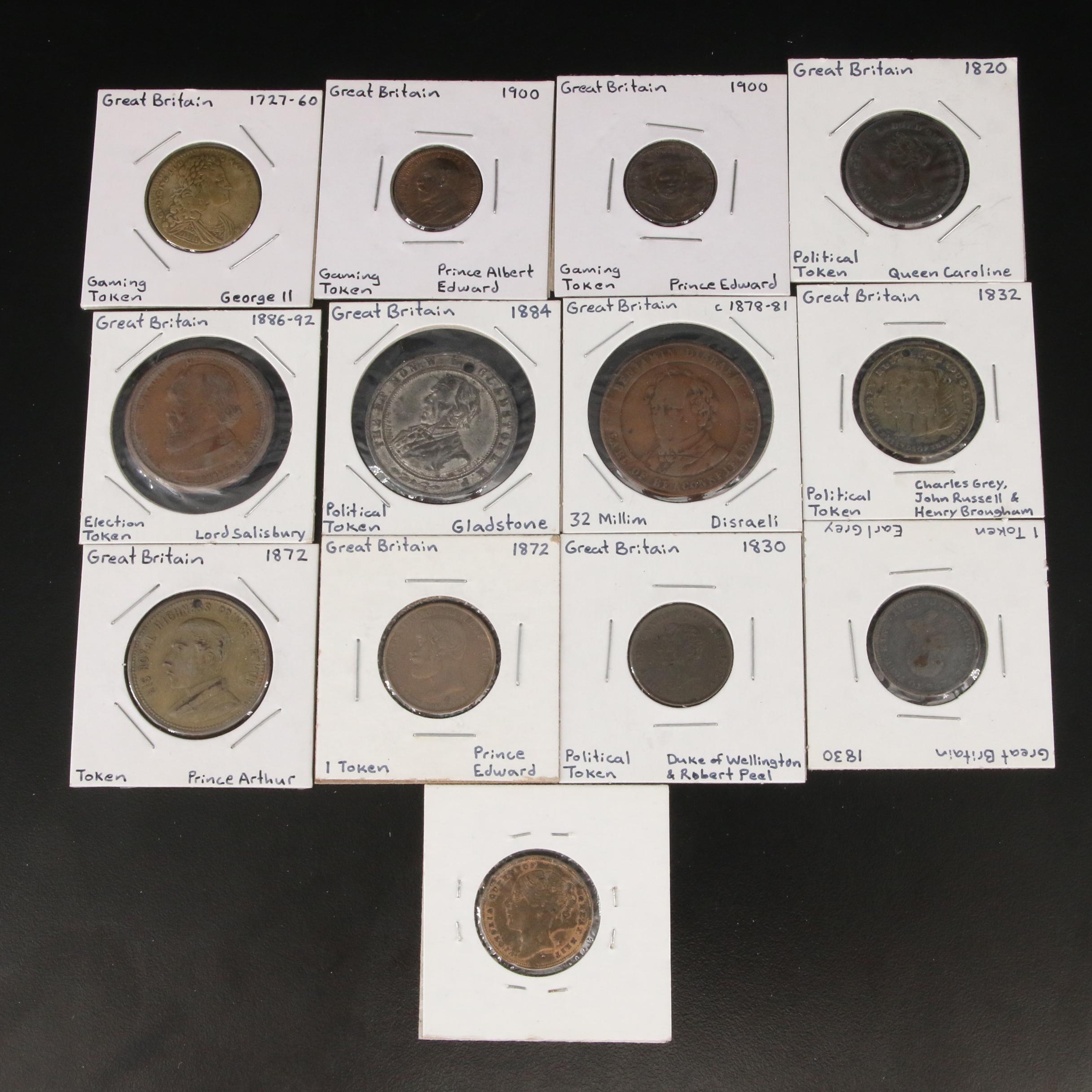 Group of Ten Great Britain Political Tokens and Three Gaming Tokens