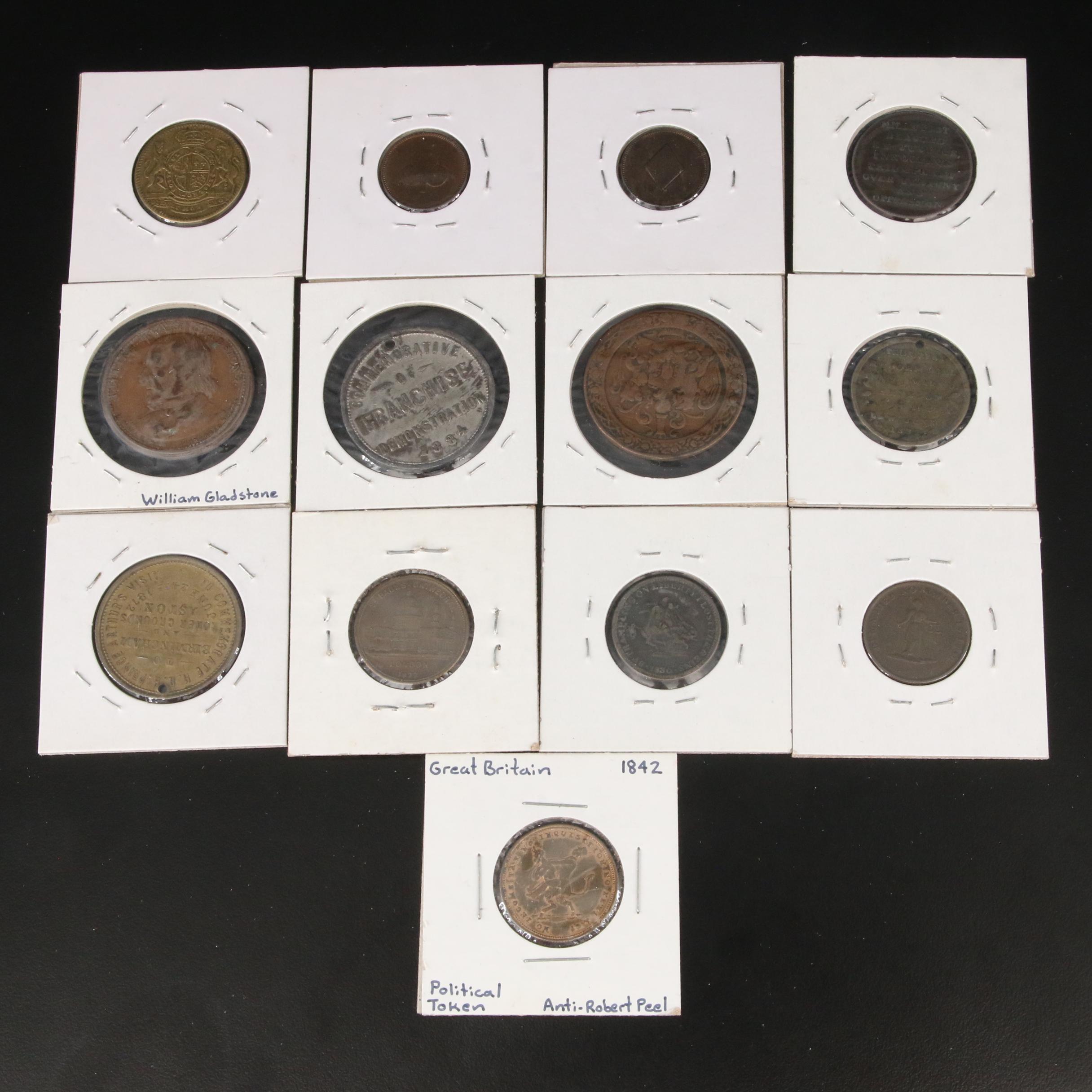 Group of Ten Great Britain Political Tokens and Three Gaming Tokens