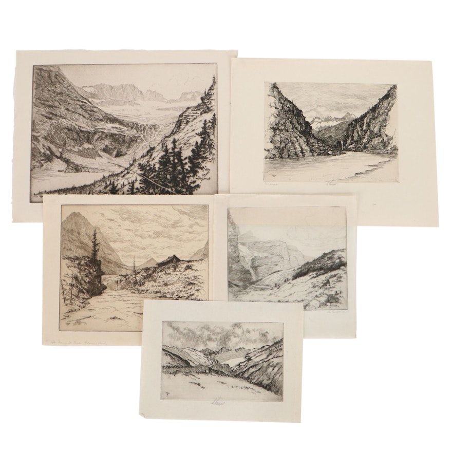Lee Sturges Etching Including "On Piegan Pass," Circa 1920